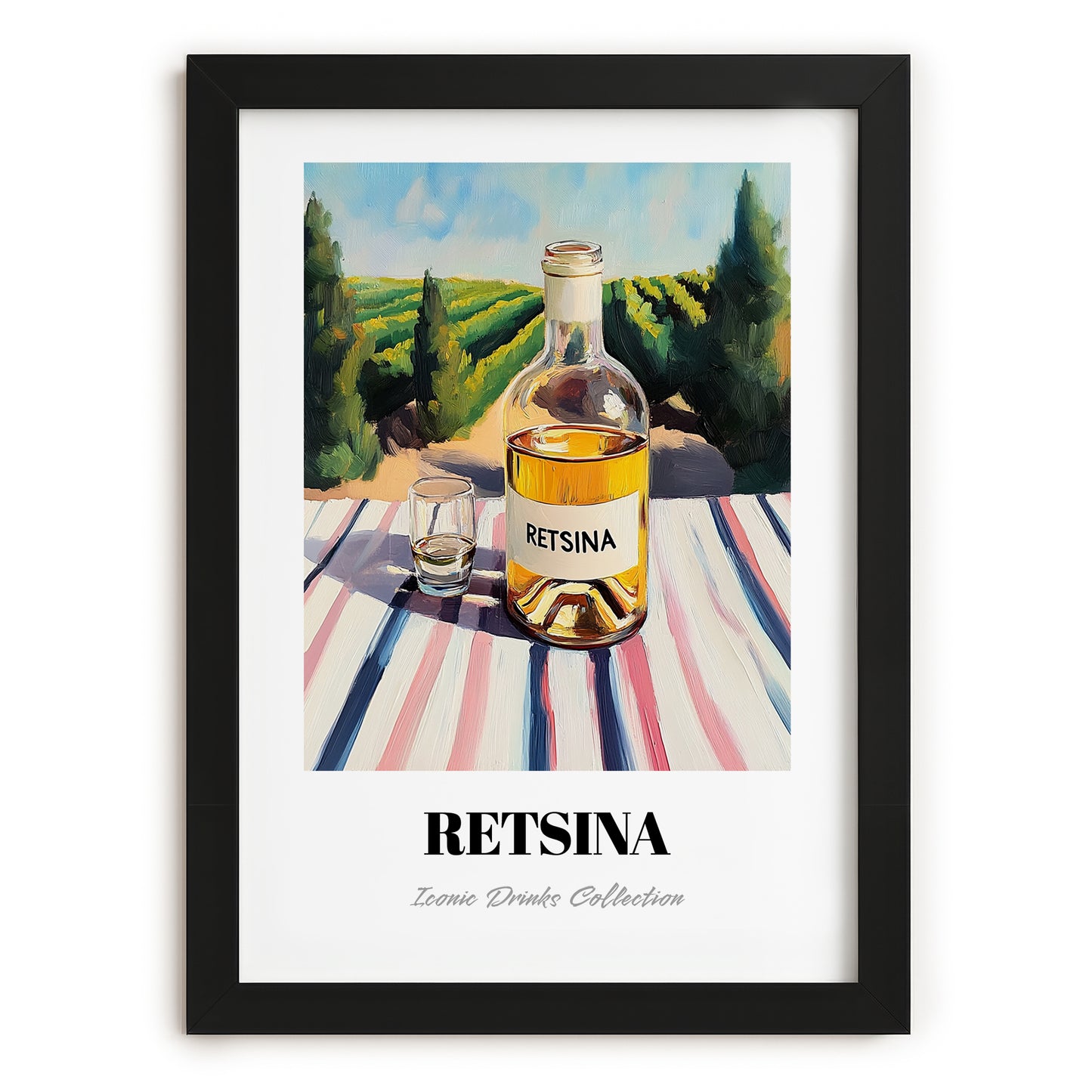 Retsina – Greek Hilltop Table Scene, Greek Wine Still Life, in sleek black frame