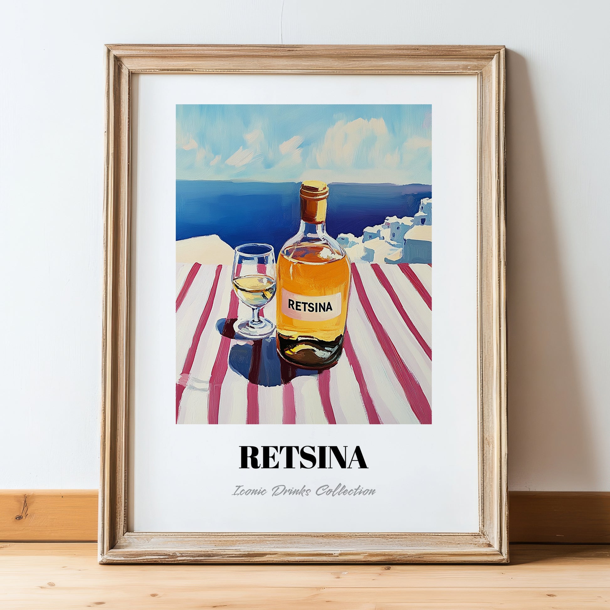Retsina – Greek Coastal Table, Greek Wine Illustration, in wooden frame leaning on the floor