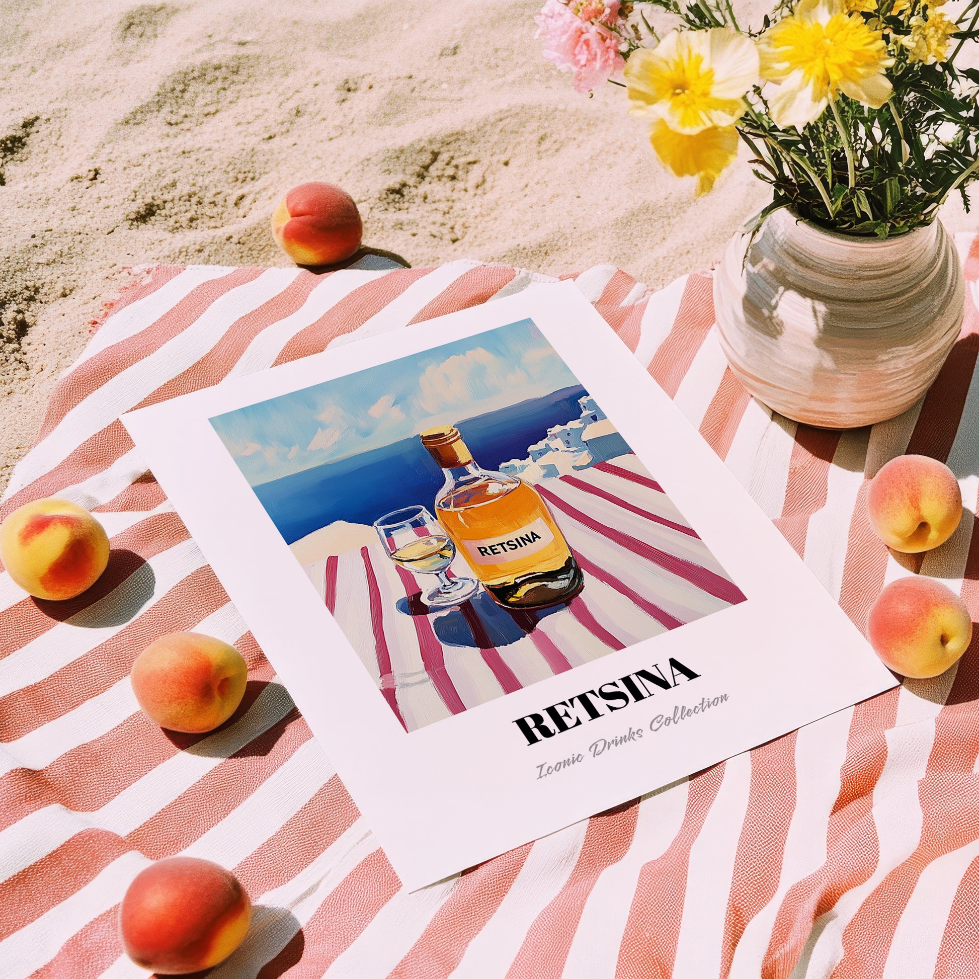 Retsina – Greek Coastal Table, Greek Wine Illustration, unframed on coastal sand