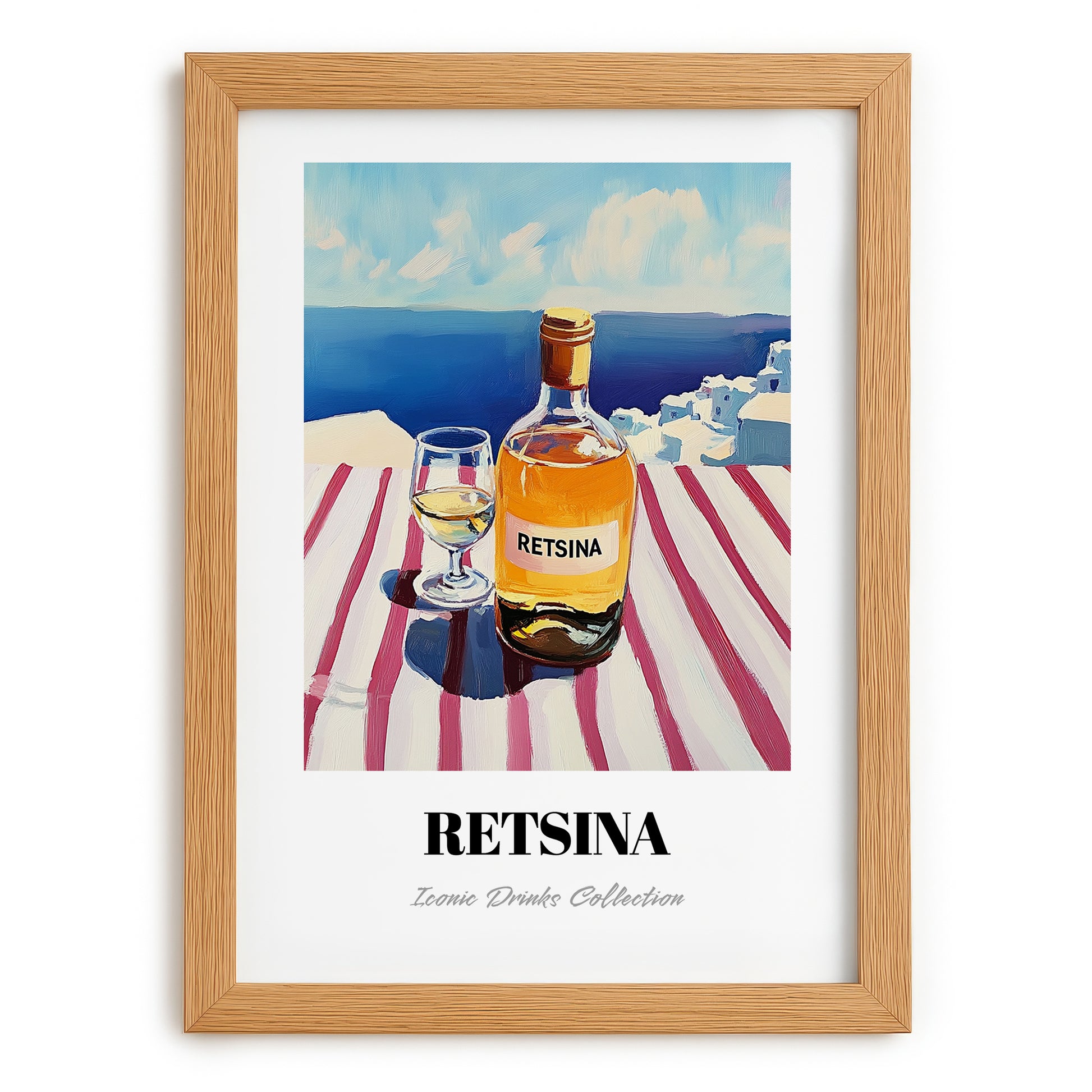 Retsina – Greek Coastal Table, Greek Wine Illustration, set in oak frame