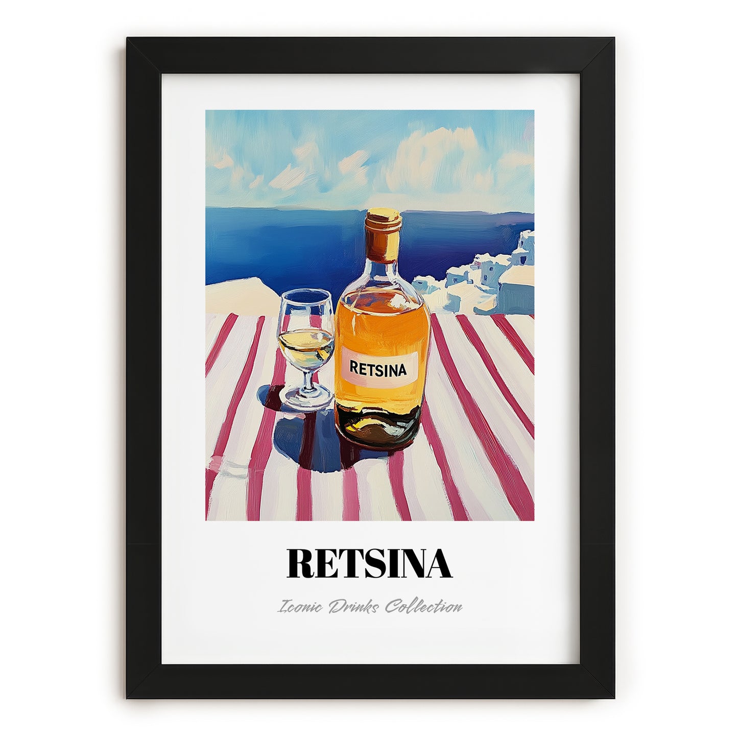 Retsina – Greek Coastal Table, Greek Wine Illustration, in sleek black frame
