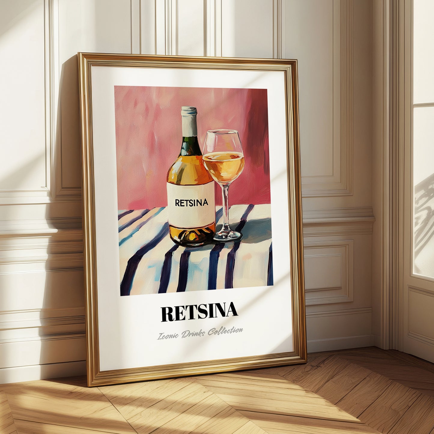 Retsina – on Striped Tablecloth, Greek Wine Wall Poster