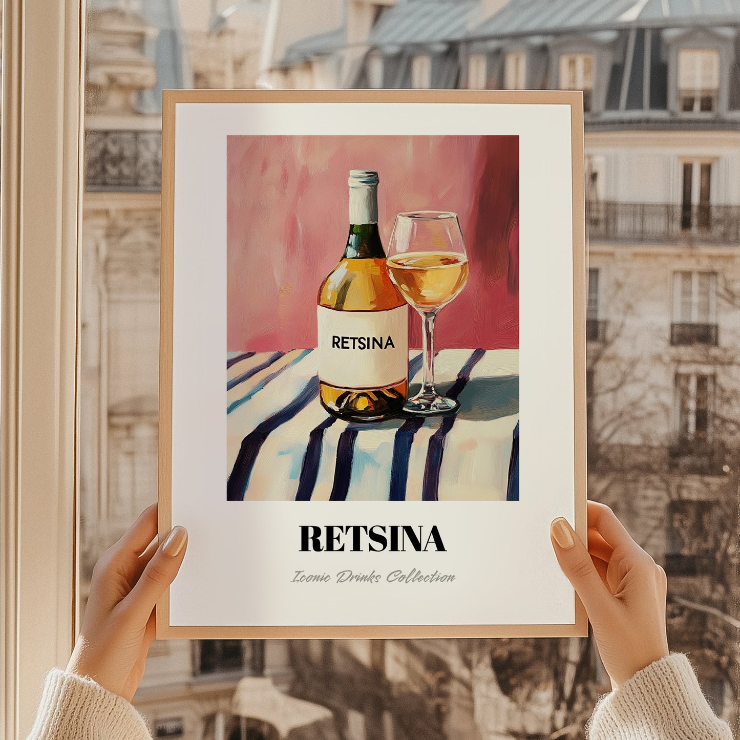 Retsina – on Striped Tablecloth, Greek Wine Wall Poster, styled in a charming Paris street view