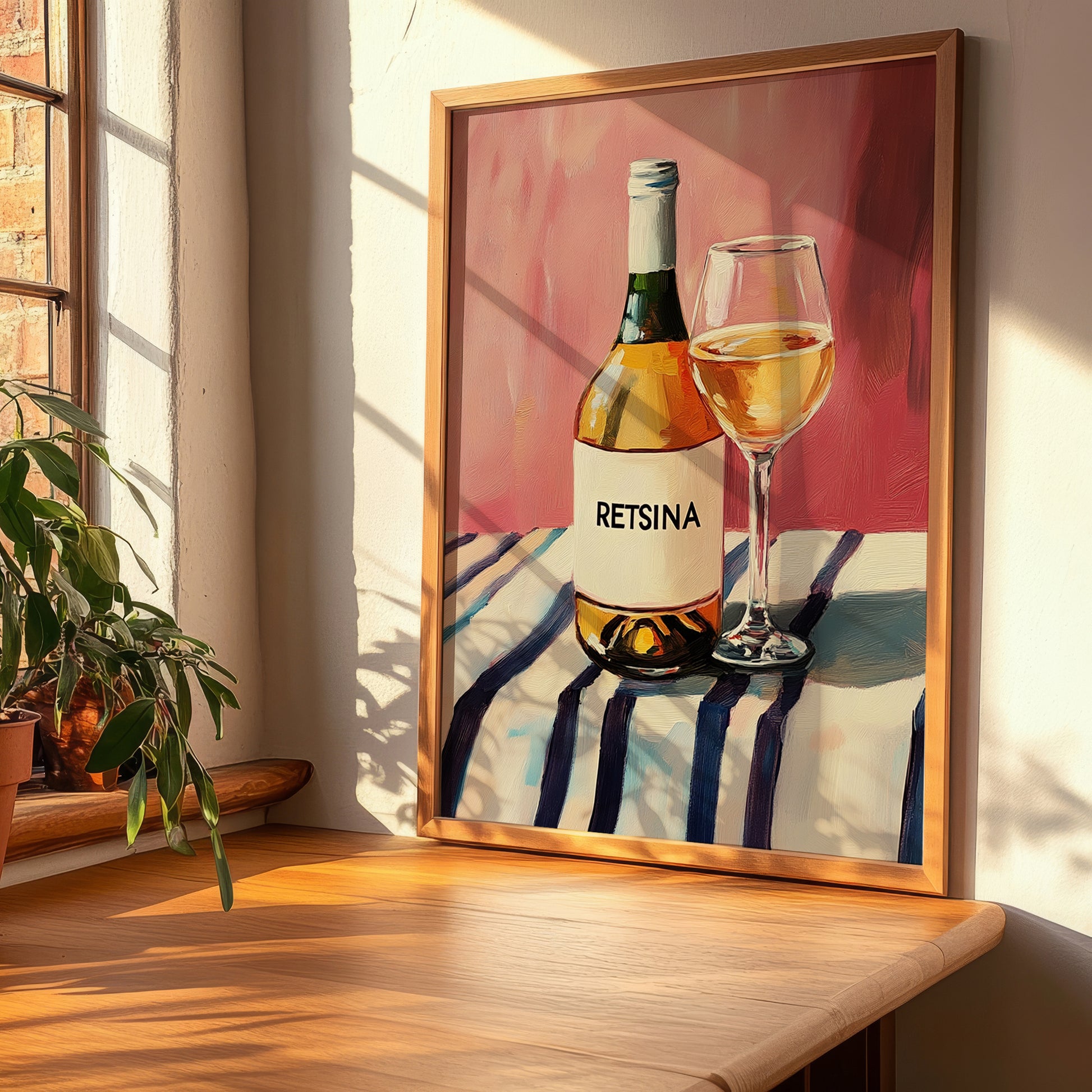Retsina – on Striped Tablecloth, Greek Wine Wall Poster, clean layout with no caption