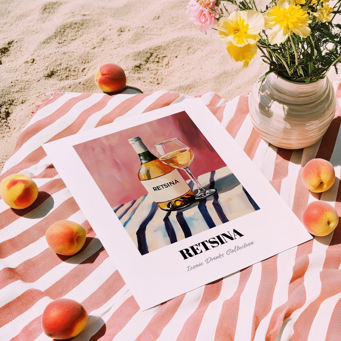 Retsina – on Striped Tablecloth, Greek Wine Wall Poster, unframed on coastal sand