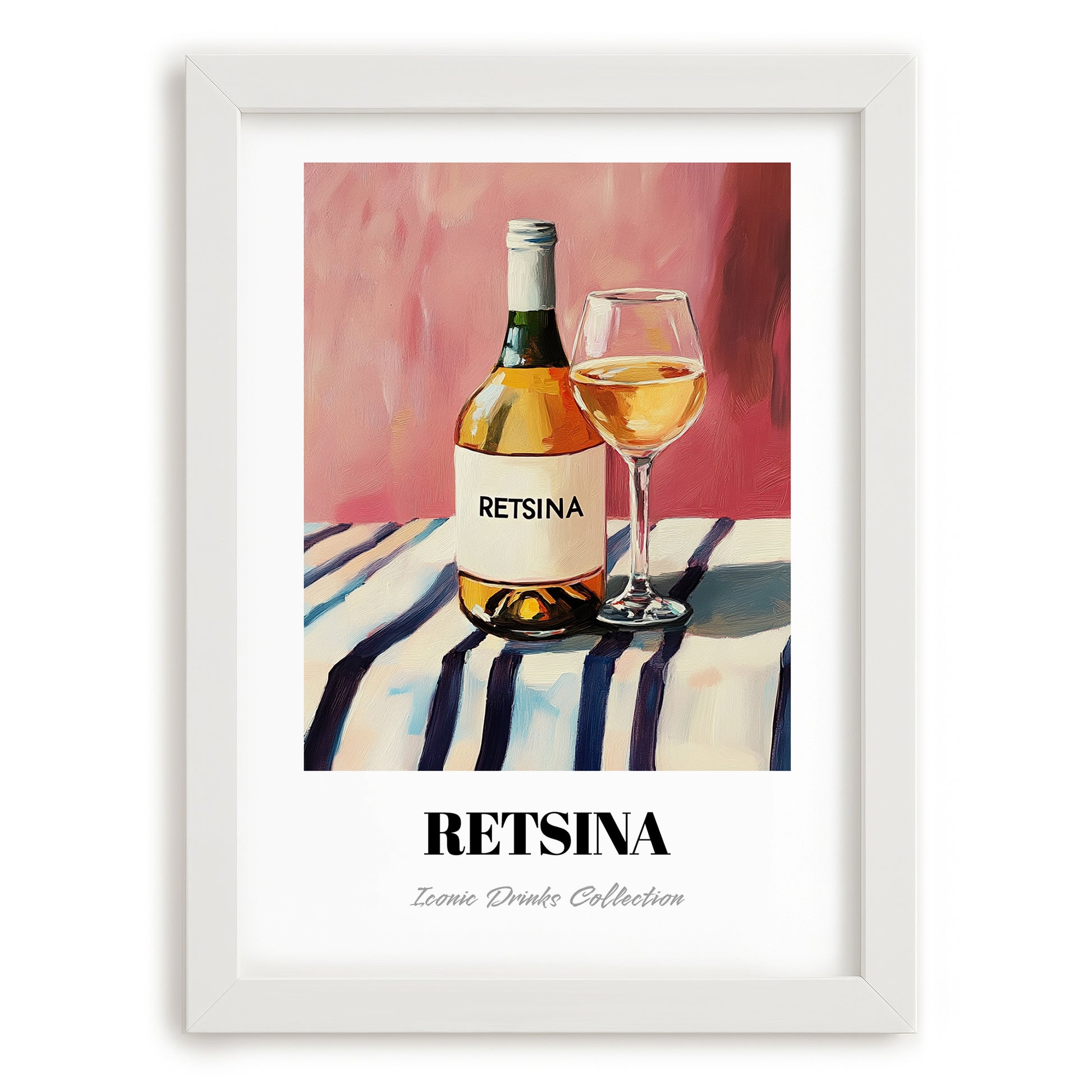 Retsina – on Striped Tablecloth, Greek Wine Wall Poster, placed in minimal white frame