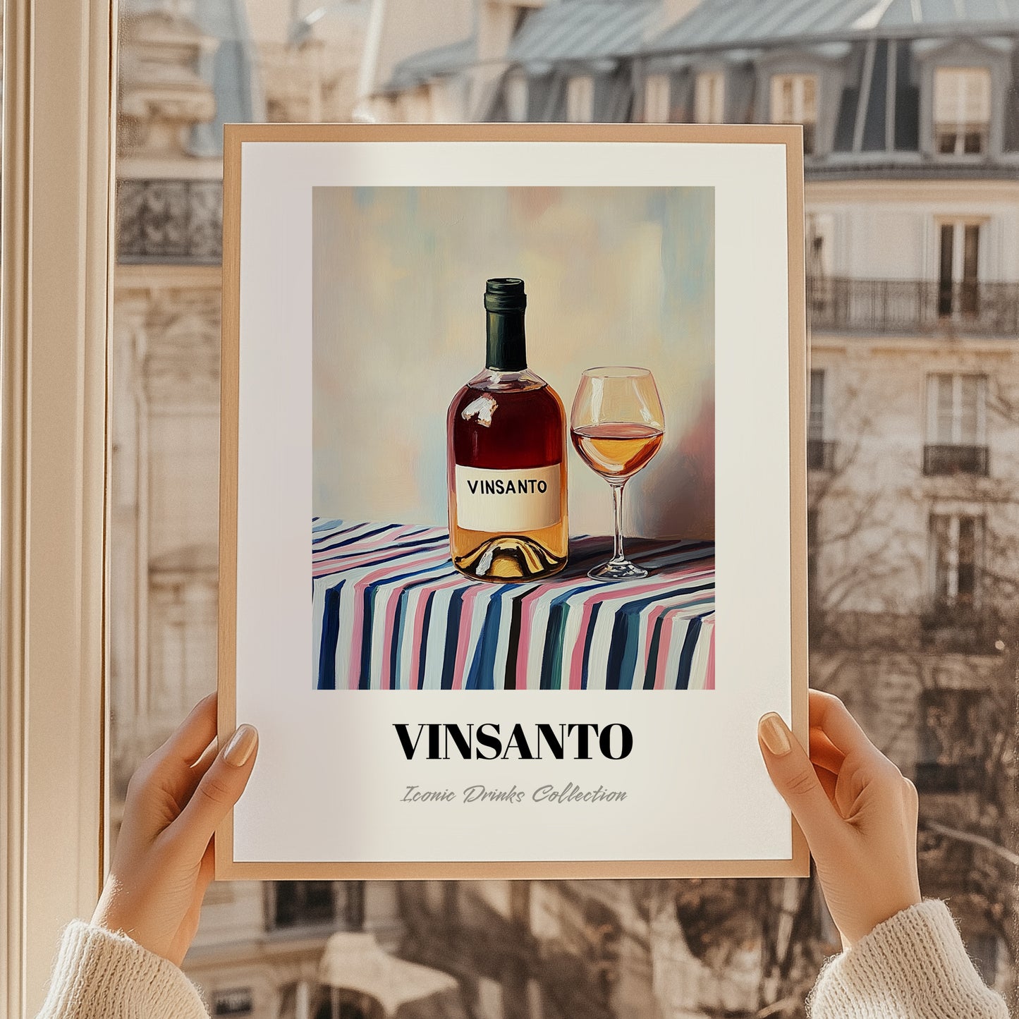 Vinsanto – on Striped Tablecloth, Greek Wine Painting, styled in a charming Paris street view