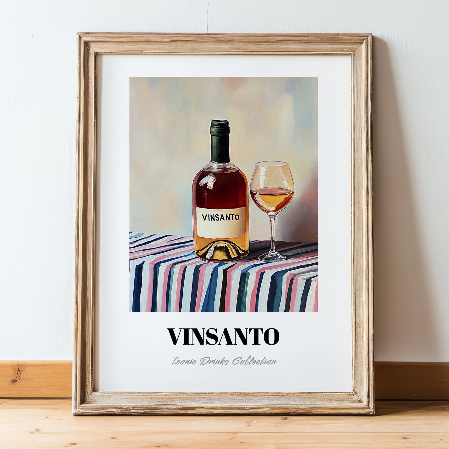 Vinsanto – on Striped Tablecloth, Greek Wine Painting, in wooden frame leaning on the floor
