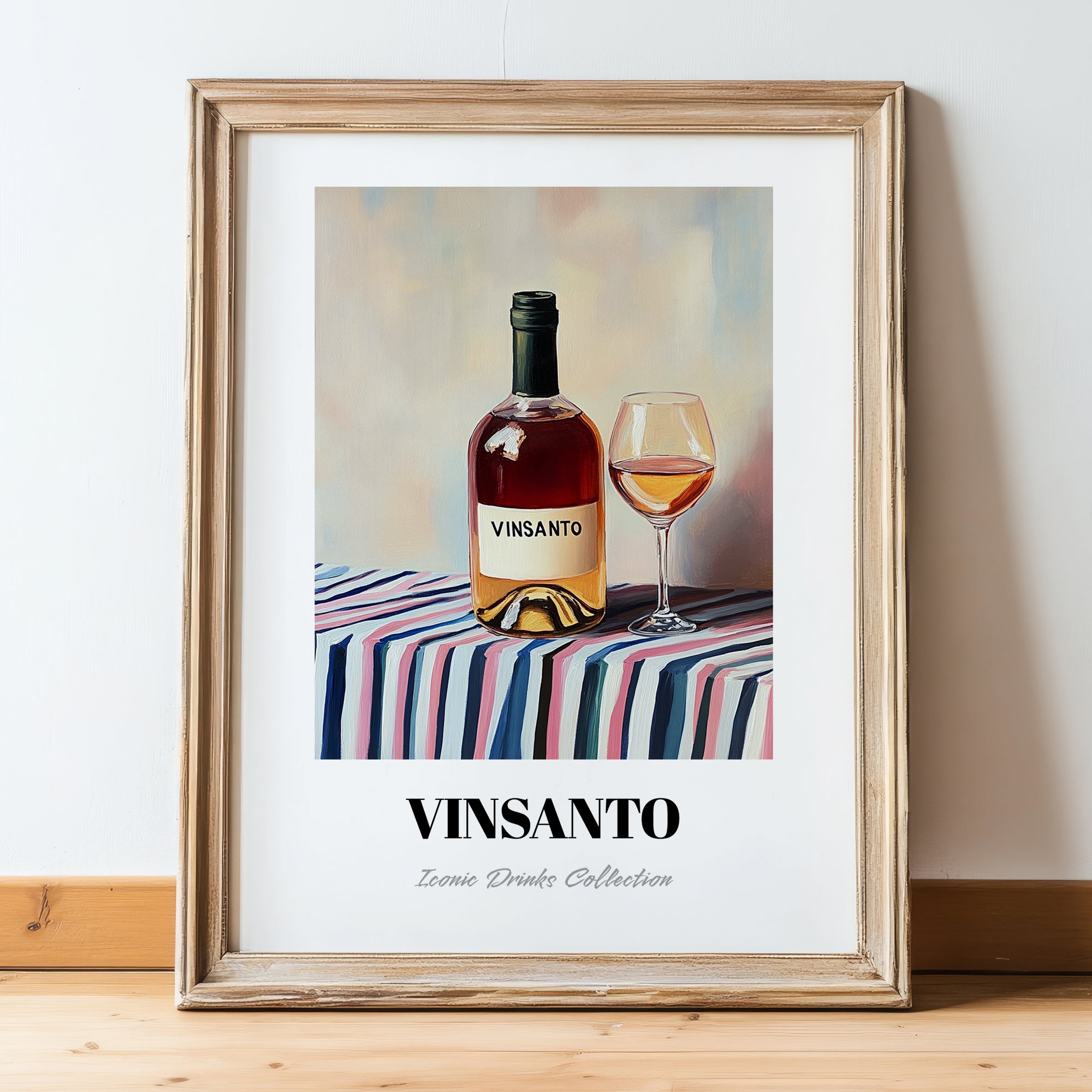 Vinsanto – on Striped Tablecloth, Greek Wine Painting, in wooden frame leaning on the floor