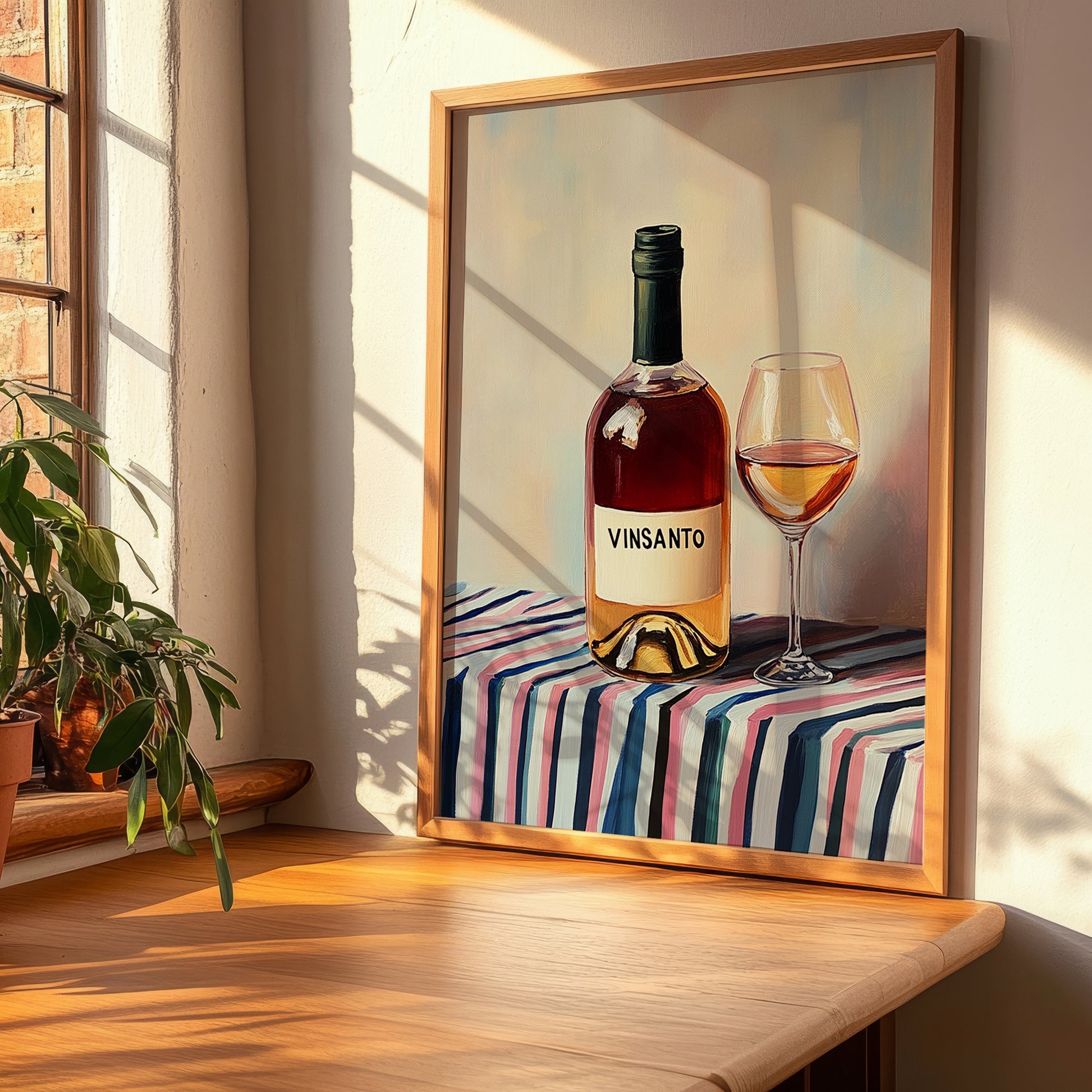Vinsanto – on Striped Tablecloth, Greek Wine Painting, clean layout with no caption