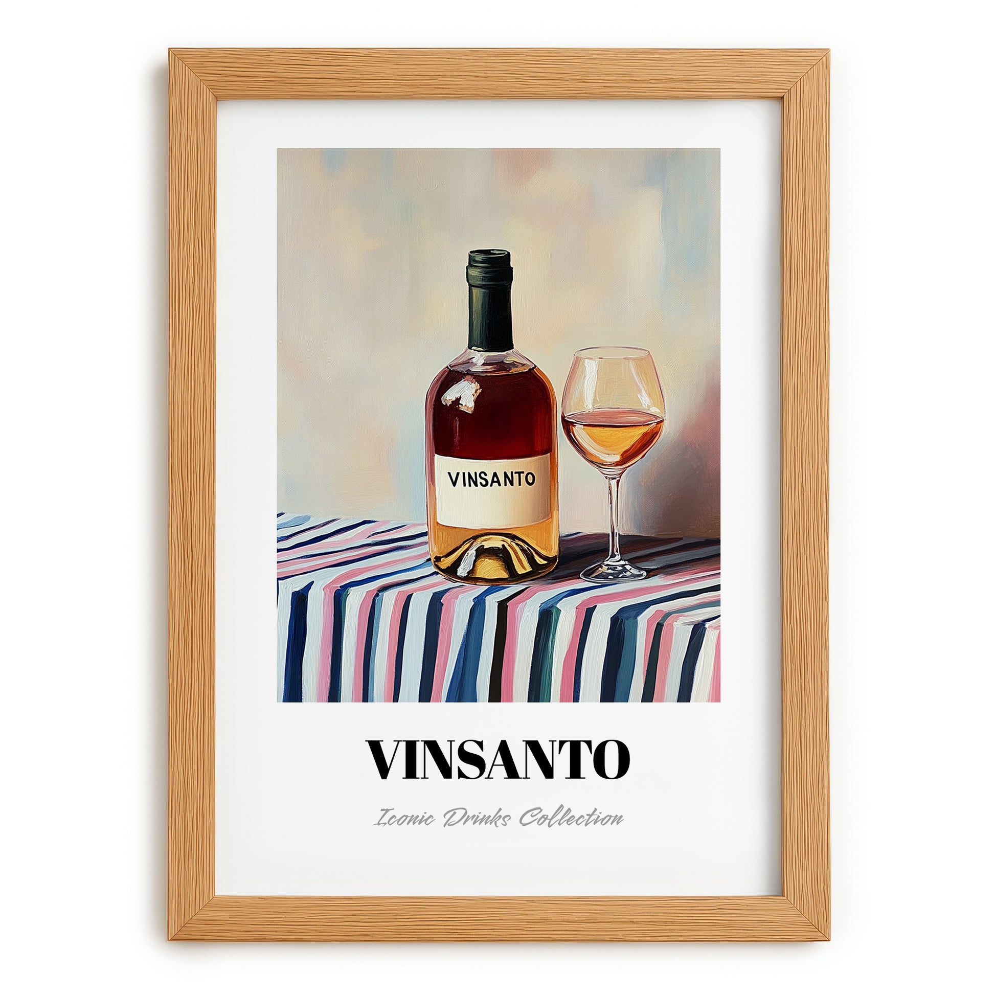 Vinsanto – on Striped Tablecloth, Greek Wine Painting, set in oak frame
