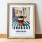 Vinsanto – Greek Urban Café Scene, Greek Wine Poster, in wooden frame leaning on the floor