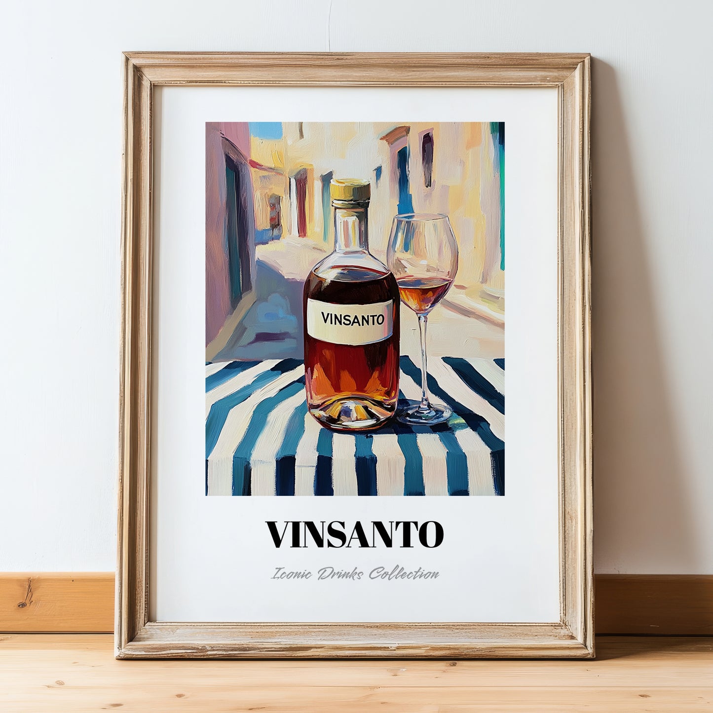 Vinsanto – Greek Urban Café Scene, Greek Wine Poster, in wooden frame leaning on the floor