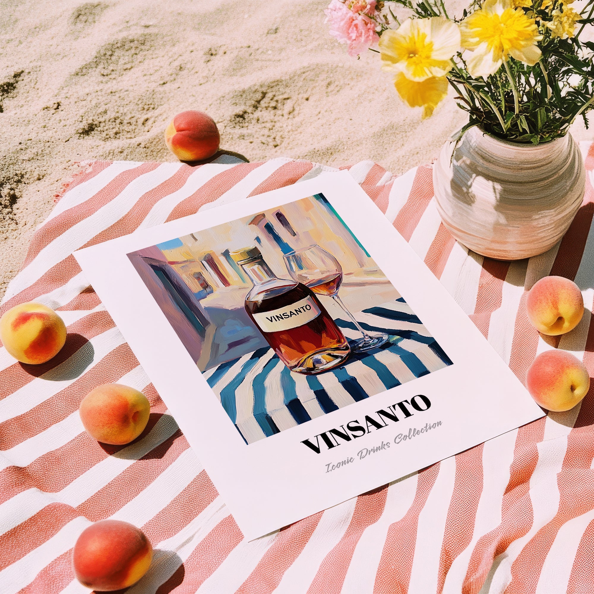 Vinsanto – Greek Urban Café Scene, Greek Wine Poster, unframed on coastal sand