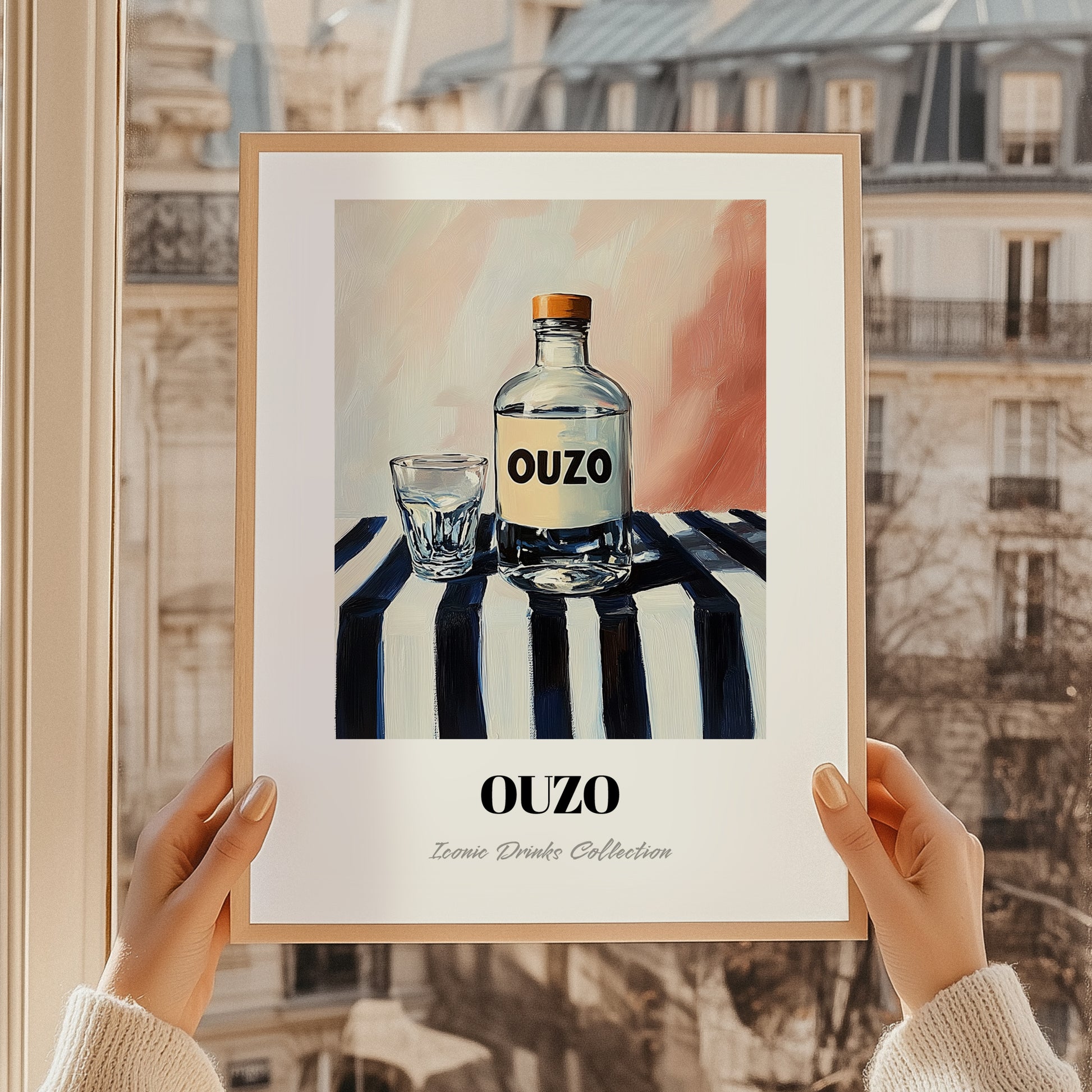 Ouzo – on Striped Tablecloth, Greek Spirit Wall Art, styled in a charming Paris street view
