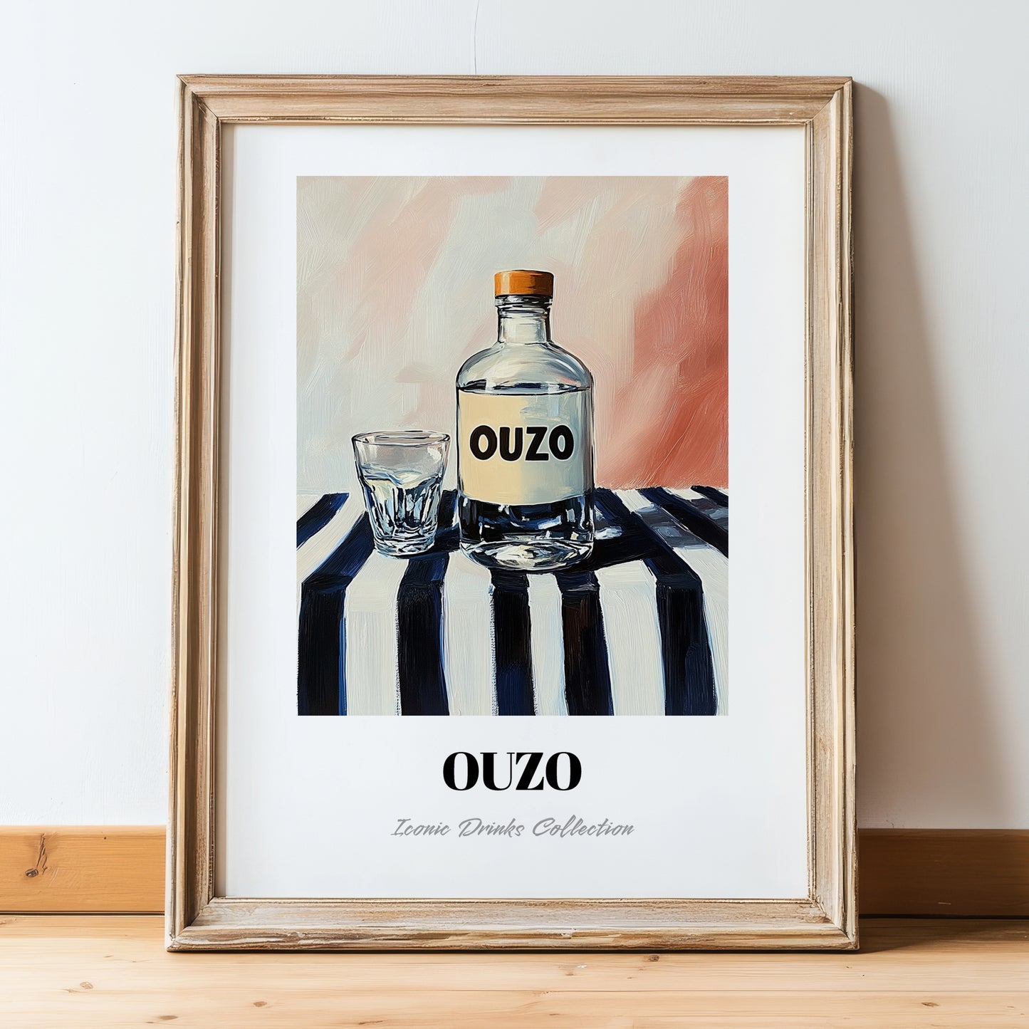 Ouzo – on Striped Tablecloth, Greek Spirit Wall Art, in wooden frame leaning on the floor