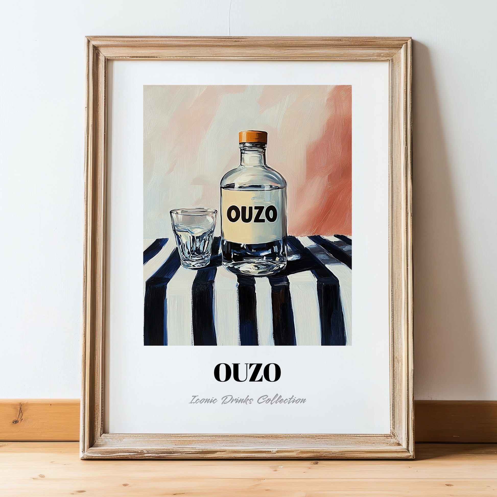 Ouzo – on Striped Tablecloth, Greek Spirit Wall Art, in wooden frame leaning on the floor