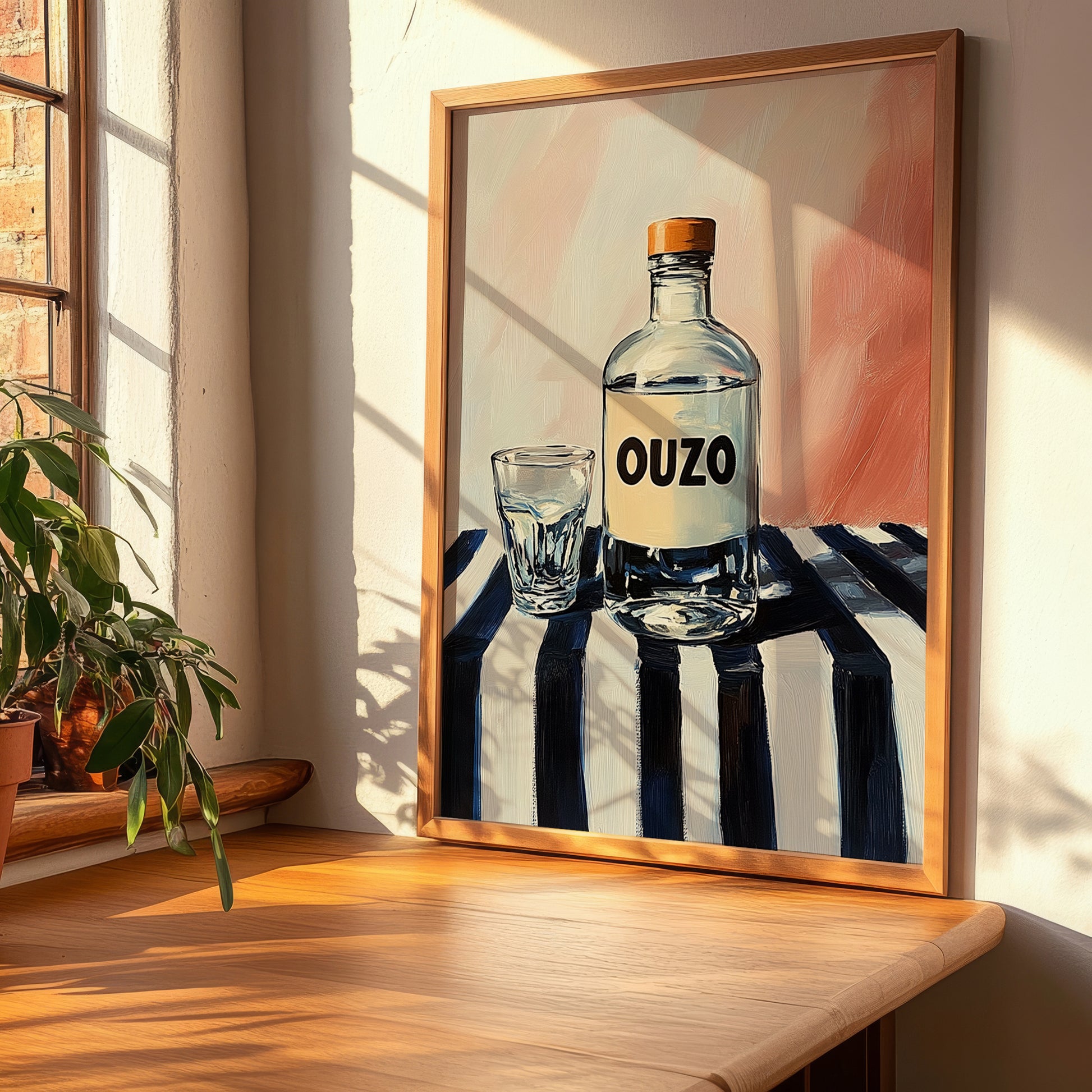 Ouzo – on Striped Tablecloth, Greek Spirit Wall Art, clean layout with no caption