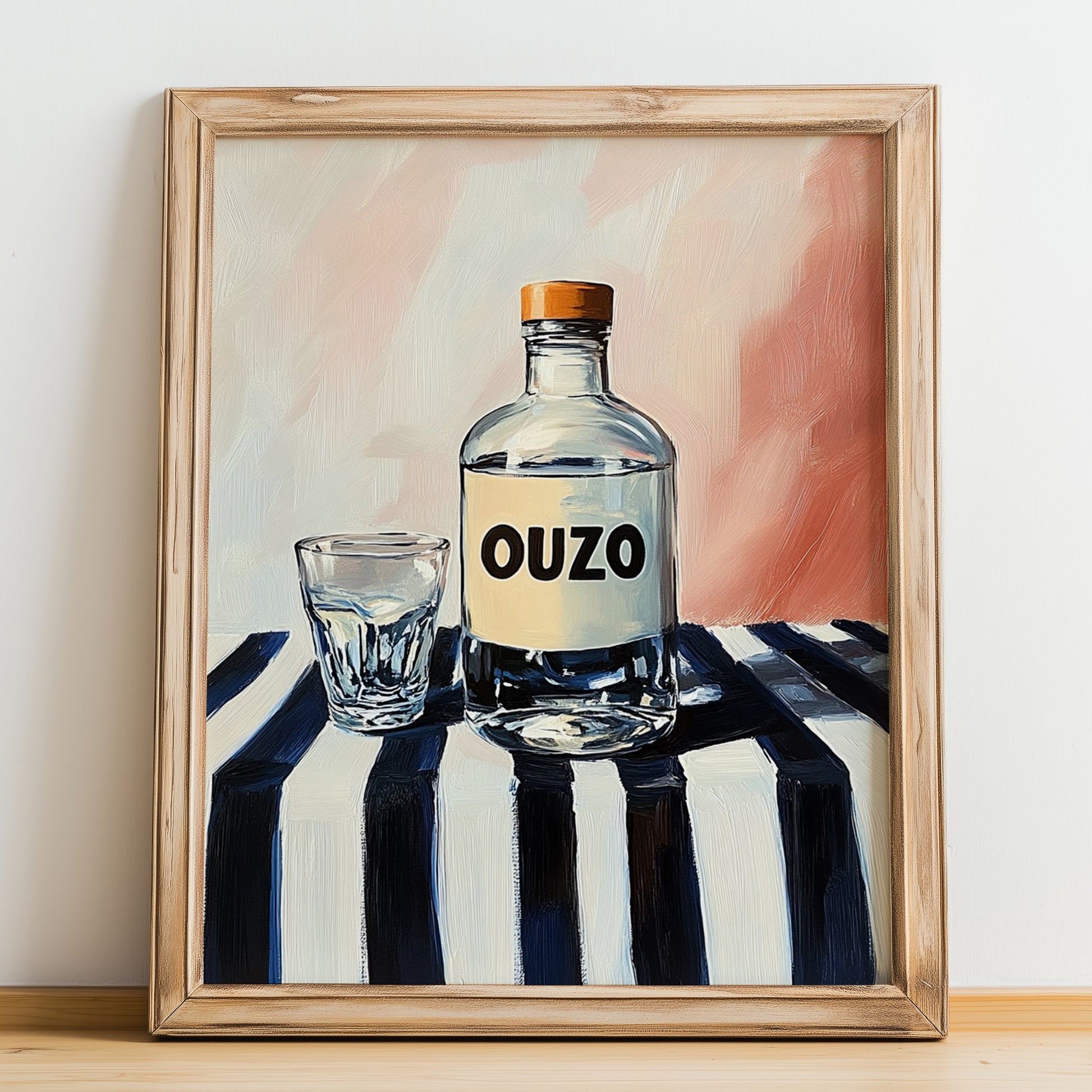 Ouzo – on Striped Tablecloth, Greek Spirit Wall Art, no-text version framed in wood