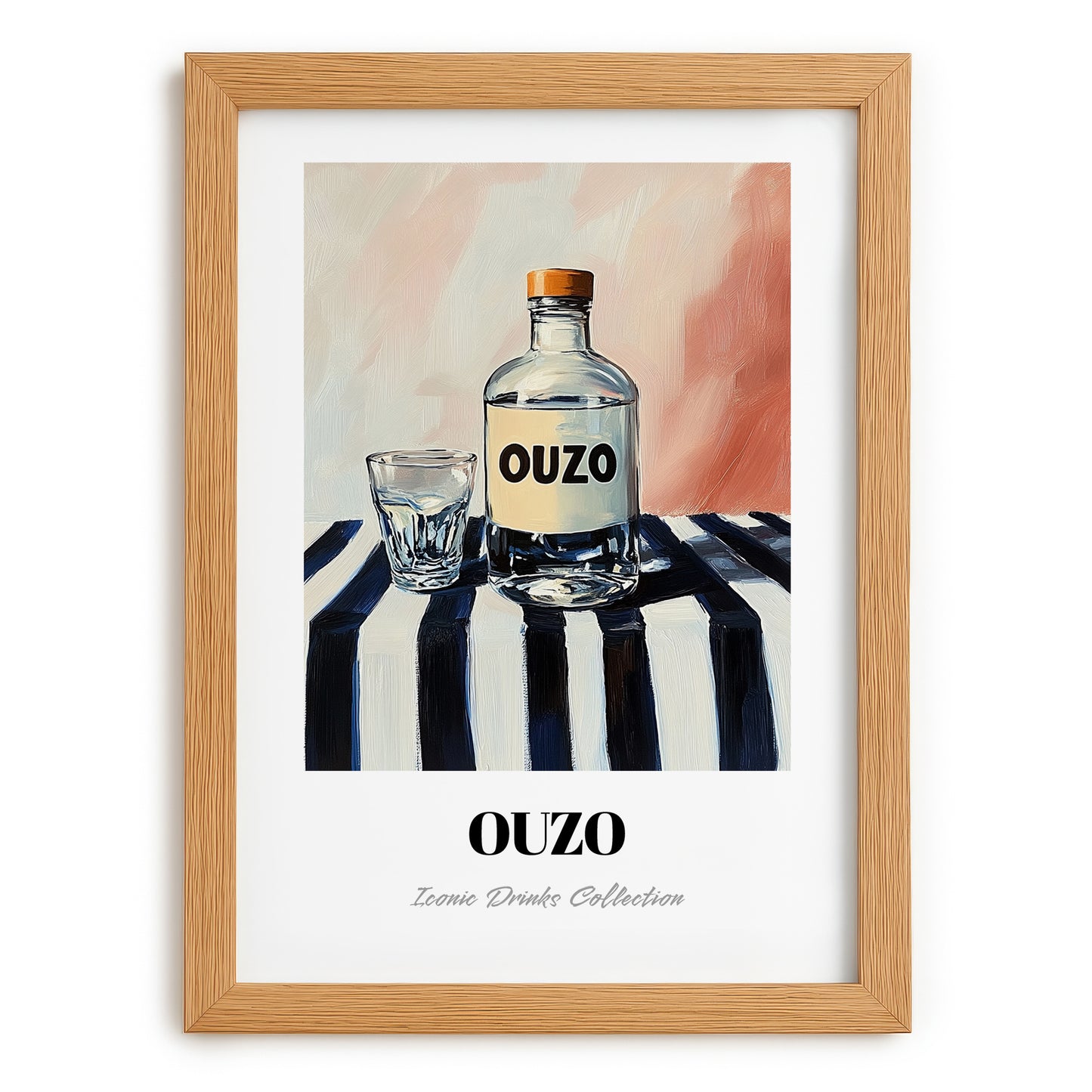 Ouzo – on Striped Tablecloth, Greek Spirit Wall Art, set in oak frame