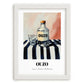 Ouzo – on Striped Tablecloth, Greek Spirit Wall Art, placed in minimal white frame