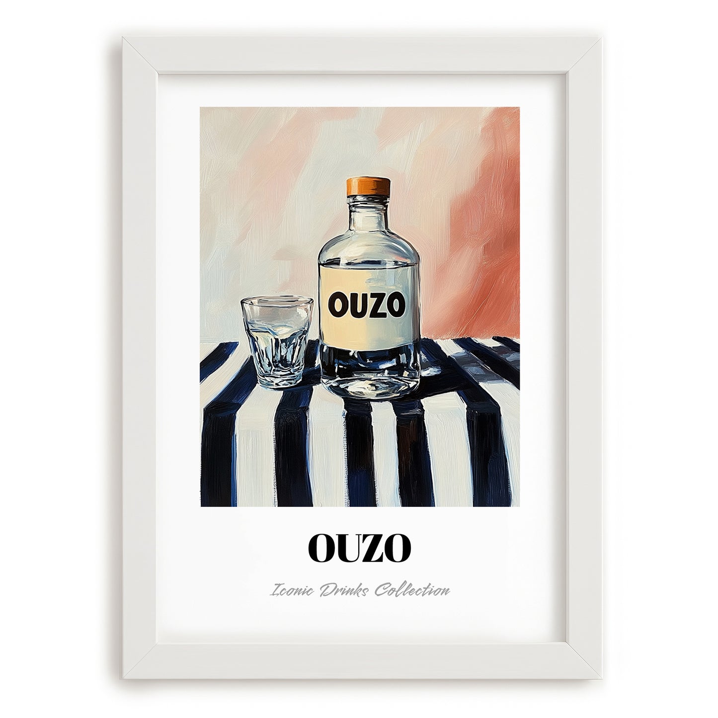 Ouzo – on Striped Tablecloth, Greek Spirit Wall Art, placed in minimal white frame