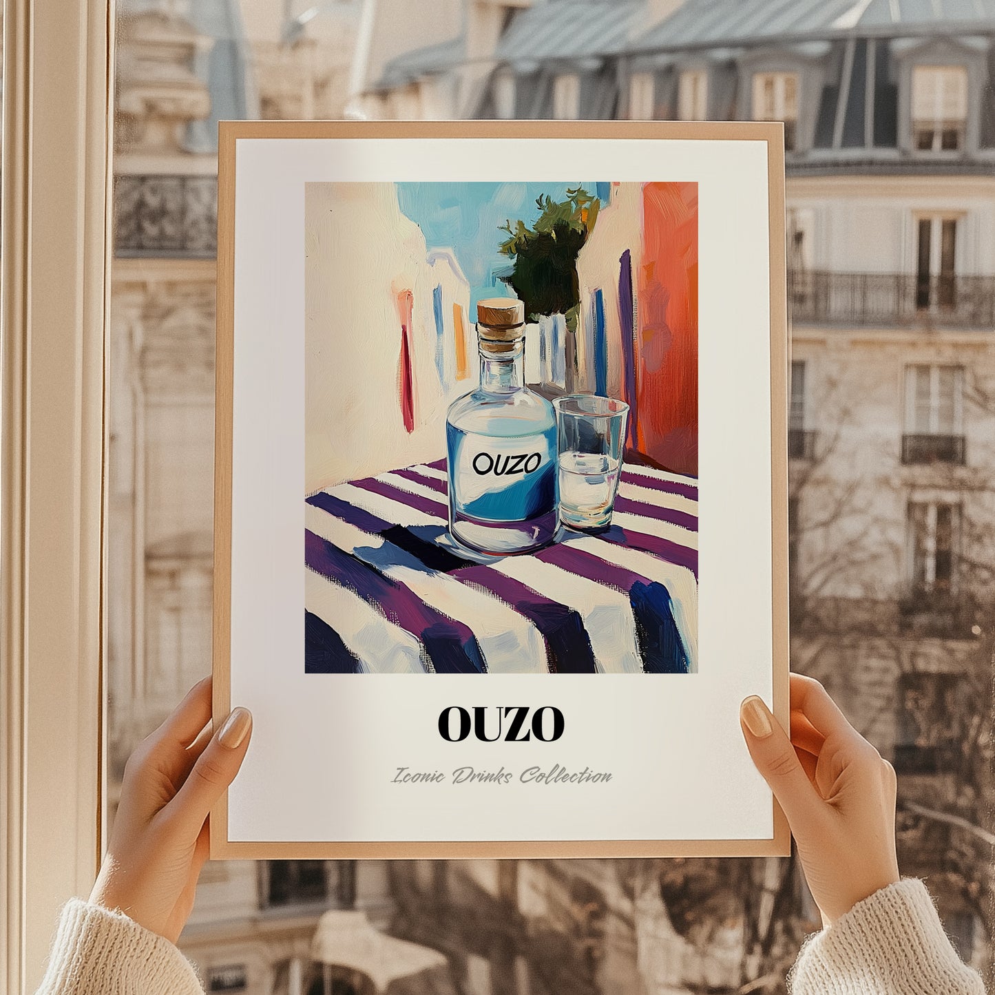 Ouzo – Greek Café on the Corner, Greek Spirit Print, styled in a charming Paris street view