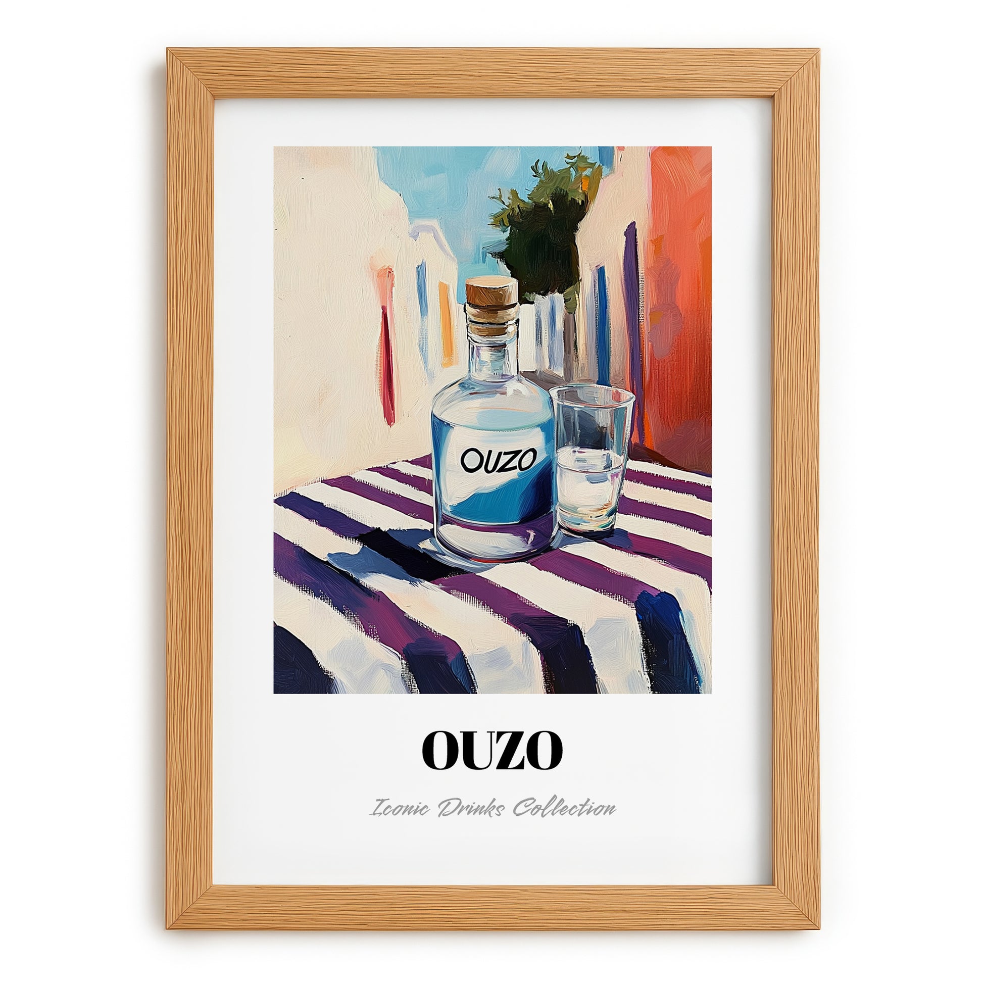 Ouzo – Greek Café on the Corner, Greek Spirit Print, set in oak frame