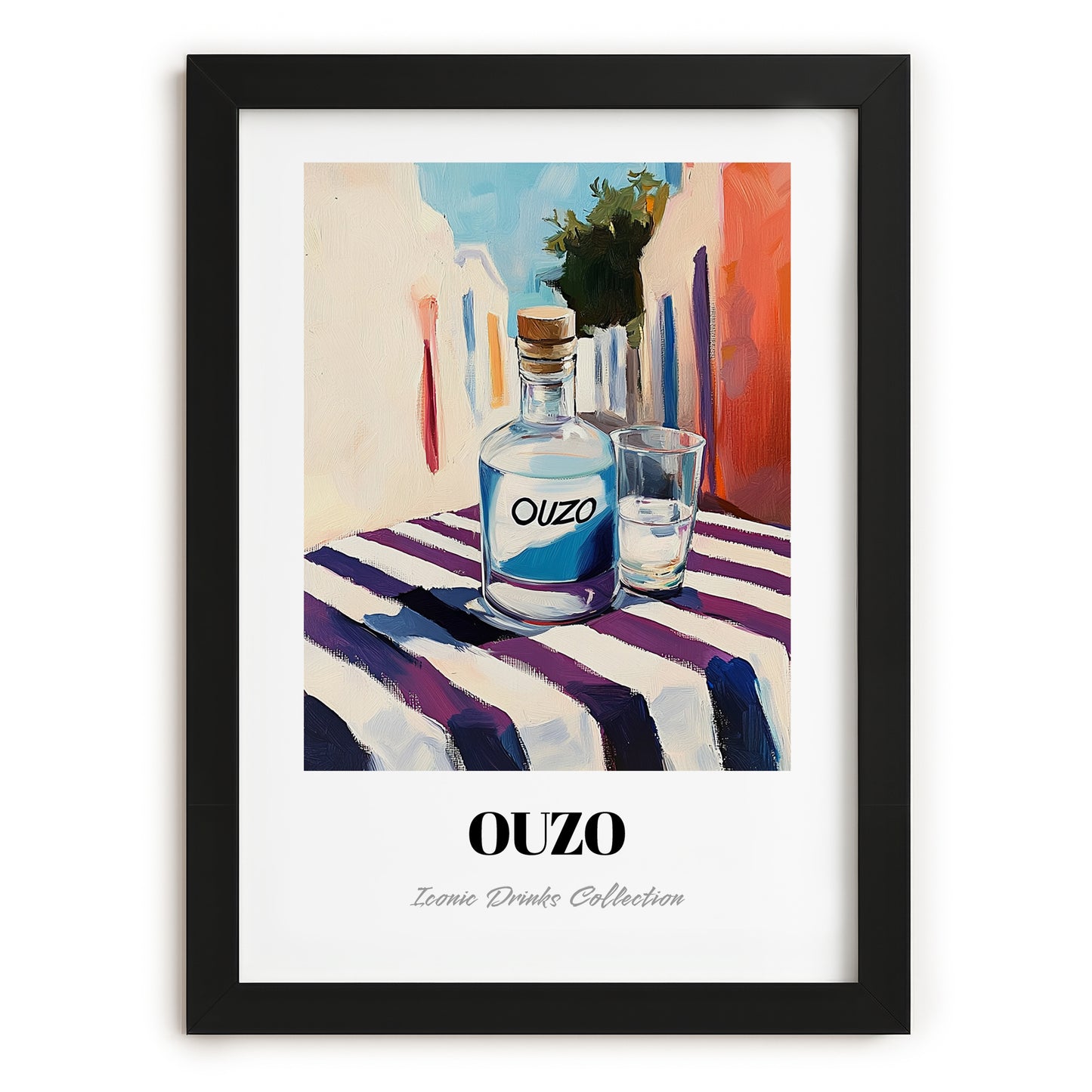 Ouzo – Greek Café on the Corner, Greek Spirit Print, in sleek black frame