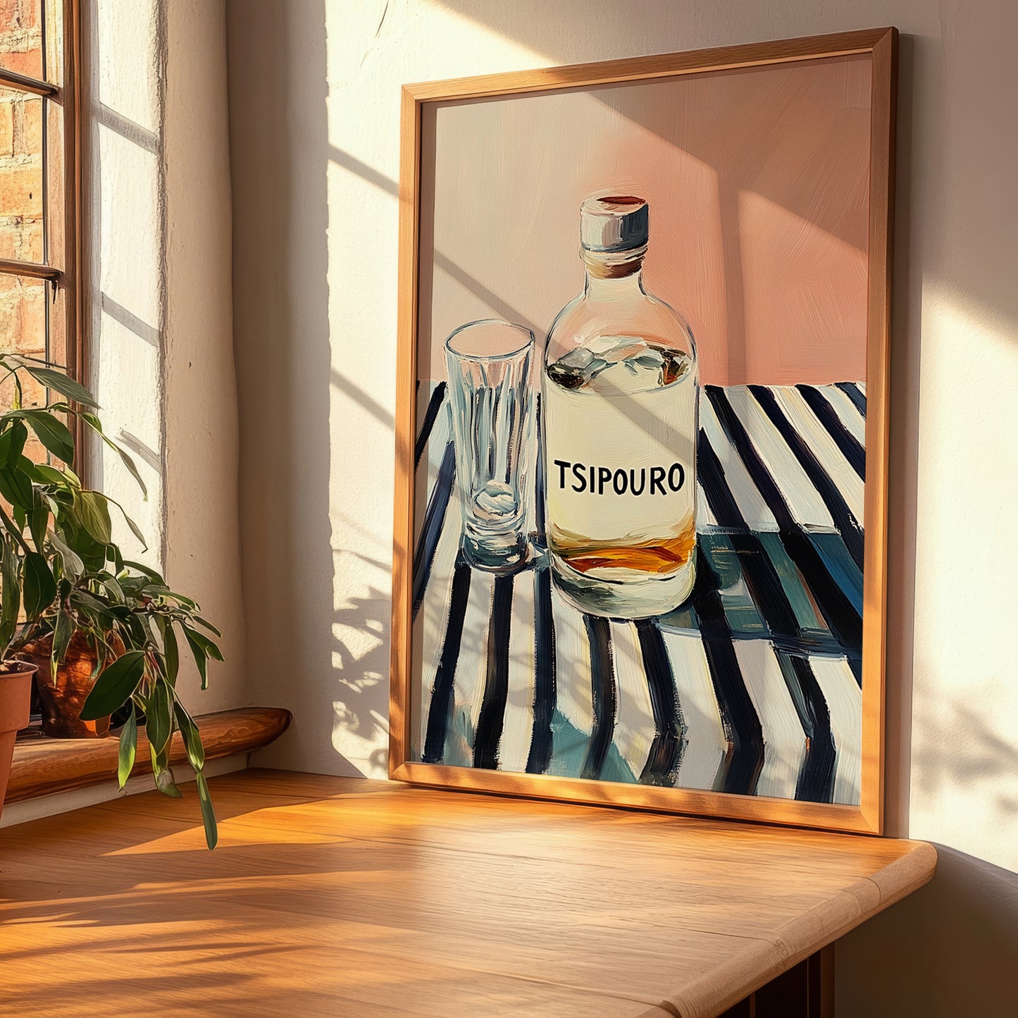 Tsipouro – on Striped Tablecloth, Greek Spirit Print, clean layout with no caption