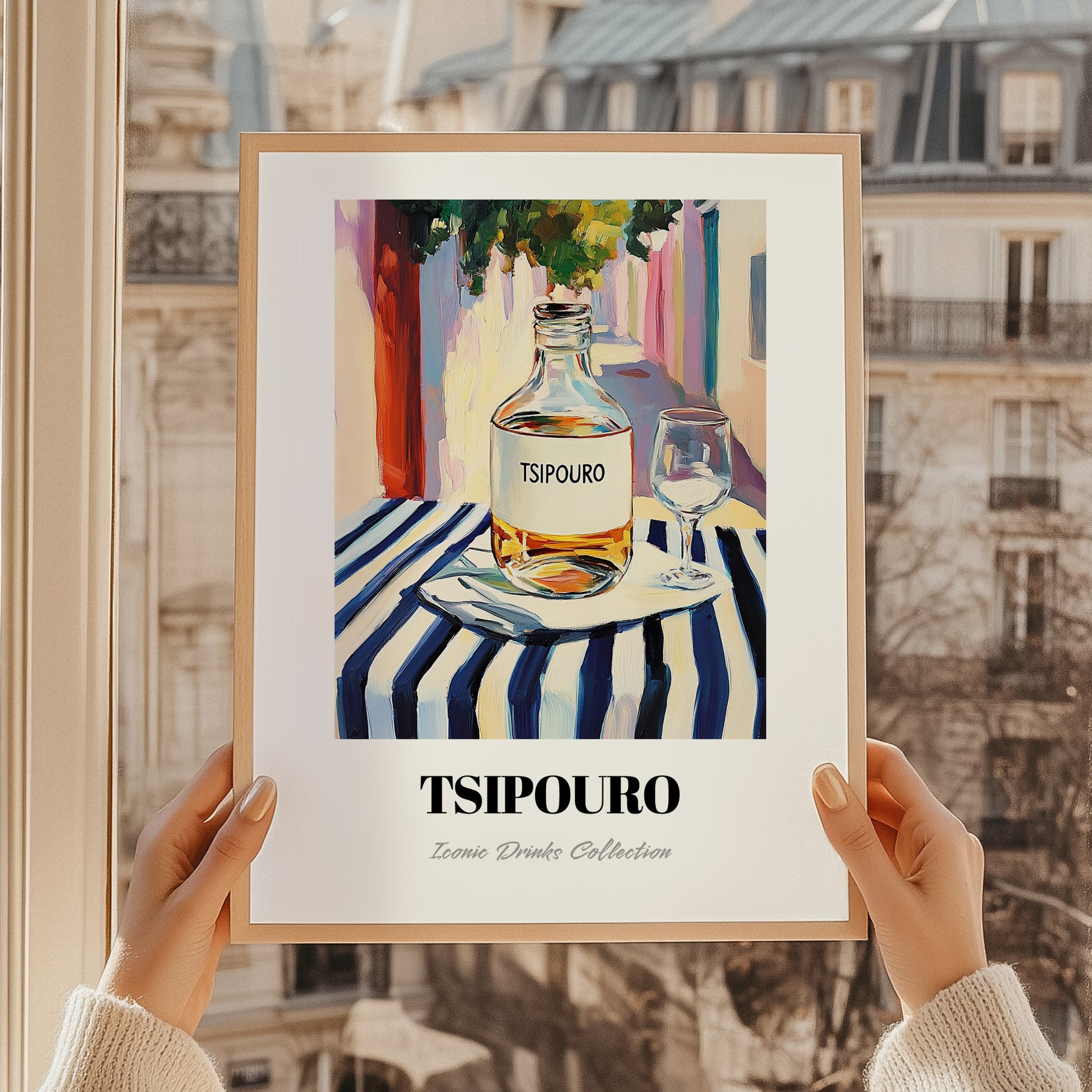 Tsipouro – Greek Street Café Scene, Greek Spirit Poster, styled in a charming Paris street view