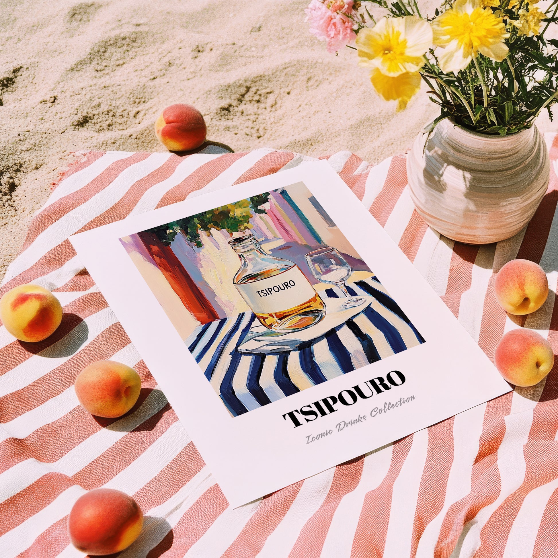 Tsipouro – Greek Street Café Scene, Greek Spirit Poster, unframed on coastal sand