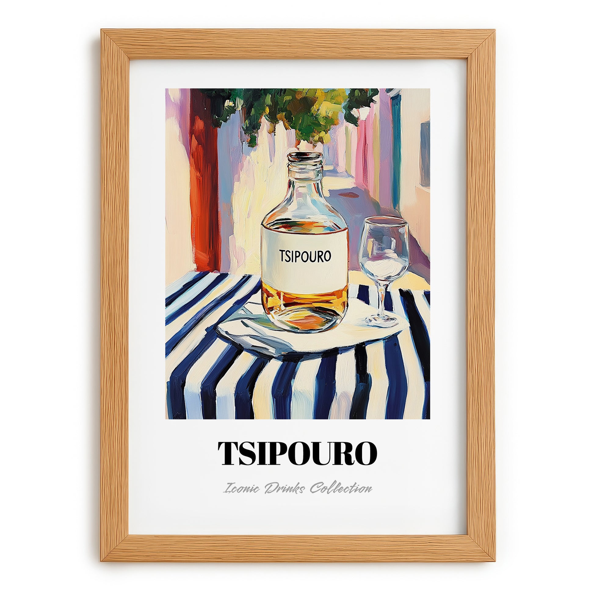 Tsipouro – Greek Street Café Scene, Greek Spirit Poster, set in oak frame