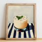 Ouzito – on Striped Tablecloth, Greek Cocktail Wall Decor, no-text version framed in wood