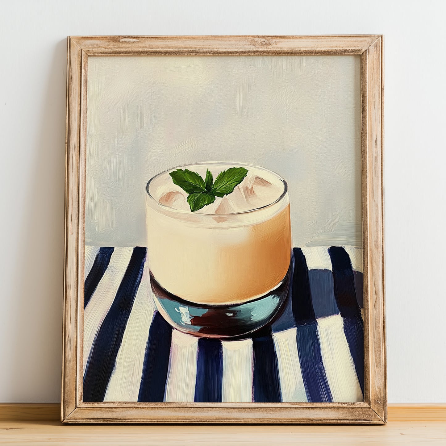 Ouzito – on Striped Tablecloth, Greek Cocktail Wall Decor, no-text version framed in wood