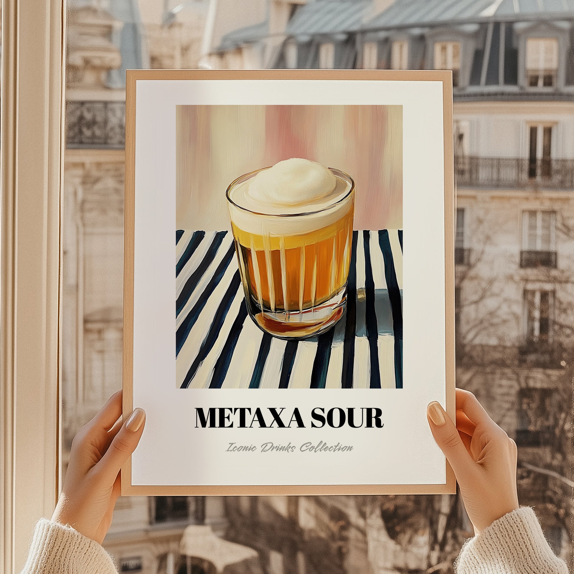 Metaxa Sour – on Striped Tablecloth, Greek Cocktail Wall Art, styled in a charming Paris street view