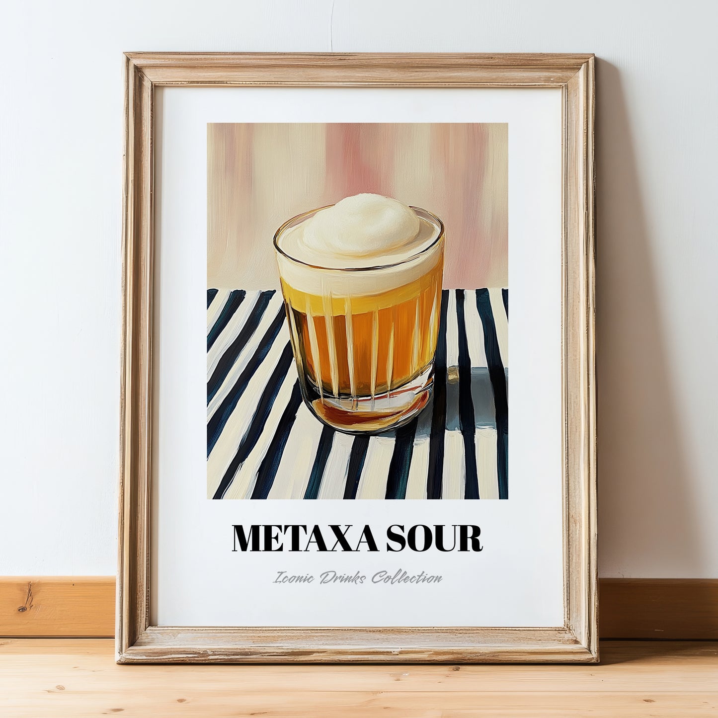 Metaxa Sour – on Striped Tablecloth, Greek Cocktail Wall Art, in wooden frame leaning on the floor
