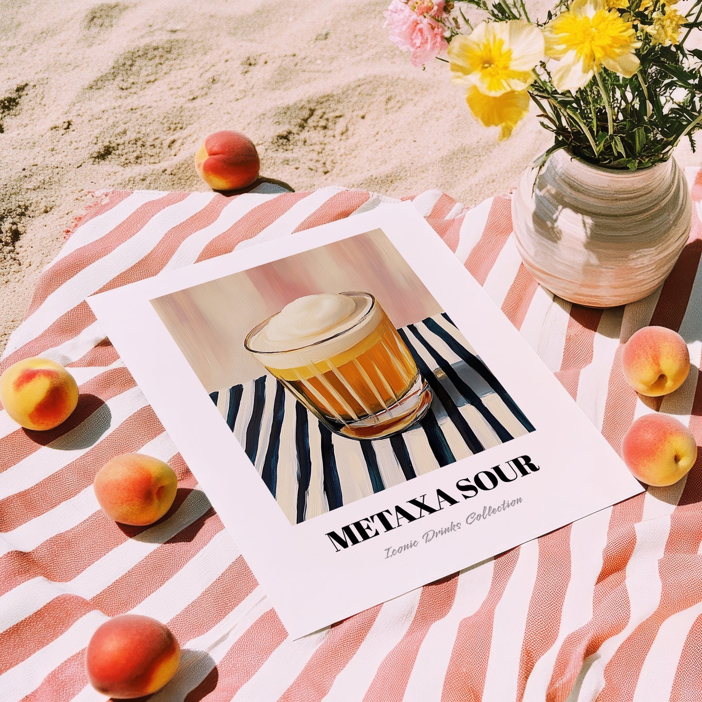 Metaxa Sour – on Striped Tablecloth, Greek Cocktail Wall Art, unframed on coastal sand