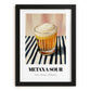 Metaxa Sour – on Striped Tablecloth, Greek Cocktail Wall Art, in sleek black frame