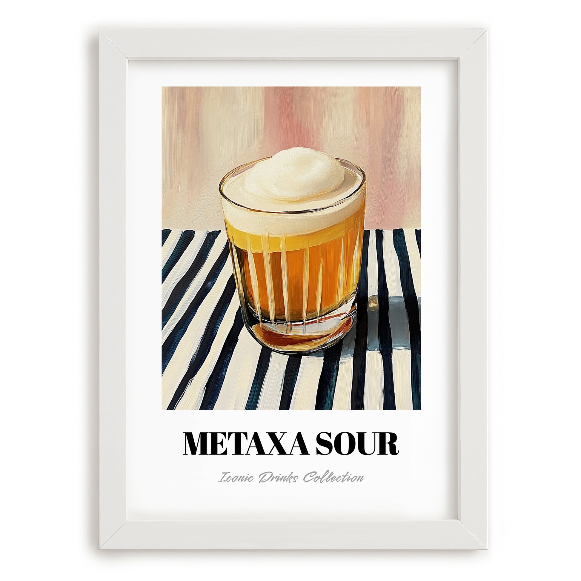 Metaxa Sour – on Striped Tablecloth, Greek Cocktail Wall Art, placed in minimal white frame
