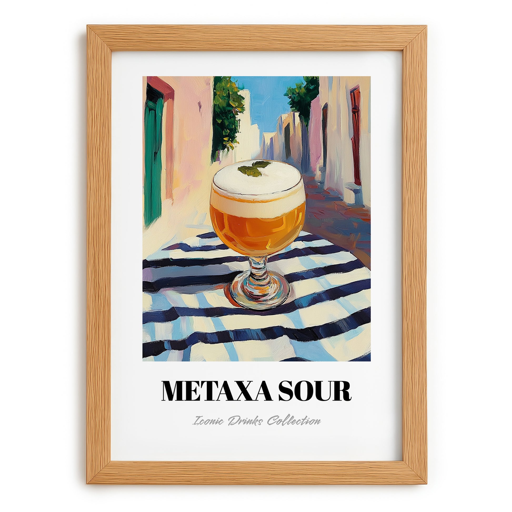 Metaxa Sour – Greek Street Café Scene, Greek Cocktail Art, set in oak frame