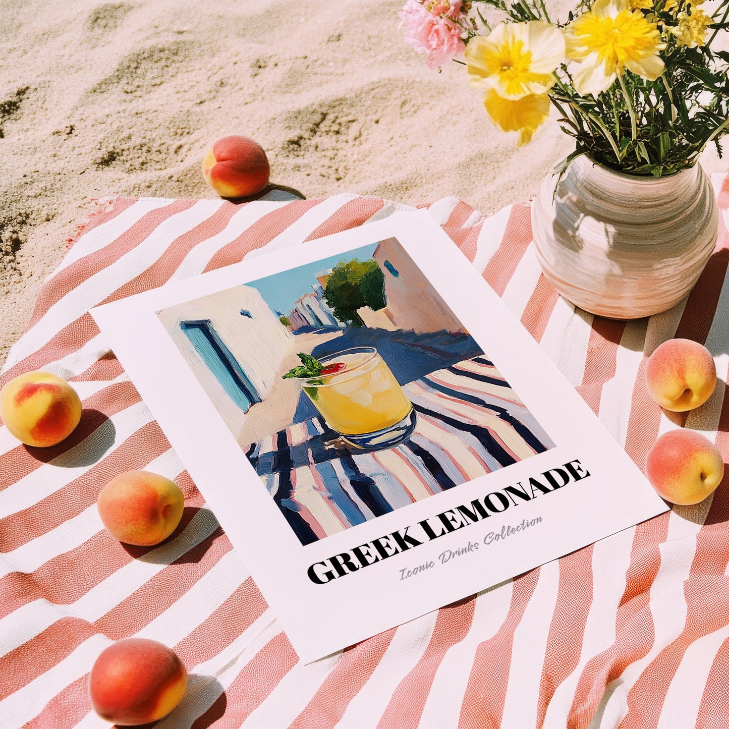 Greek Lemonade – Greek Outdoor Café Scene, Greek Lemonade Wall Poster, unframed on coastal sand