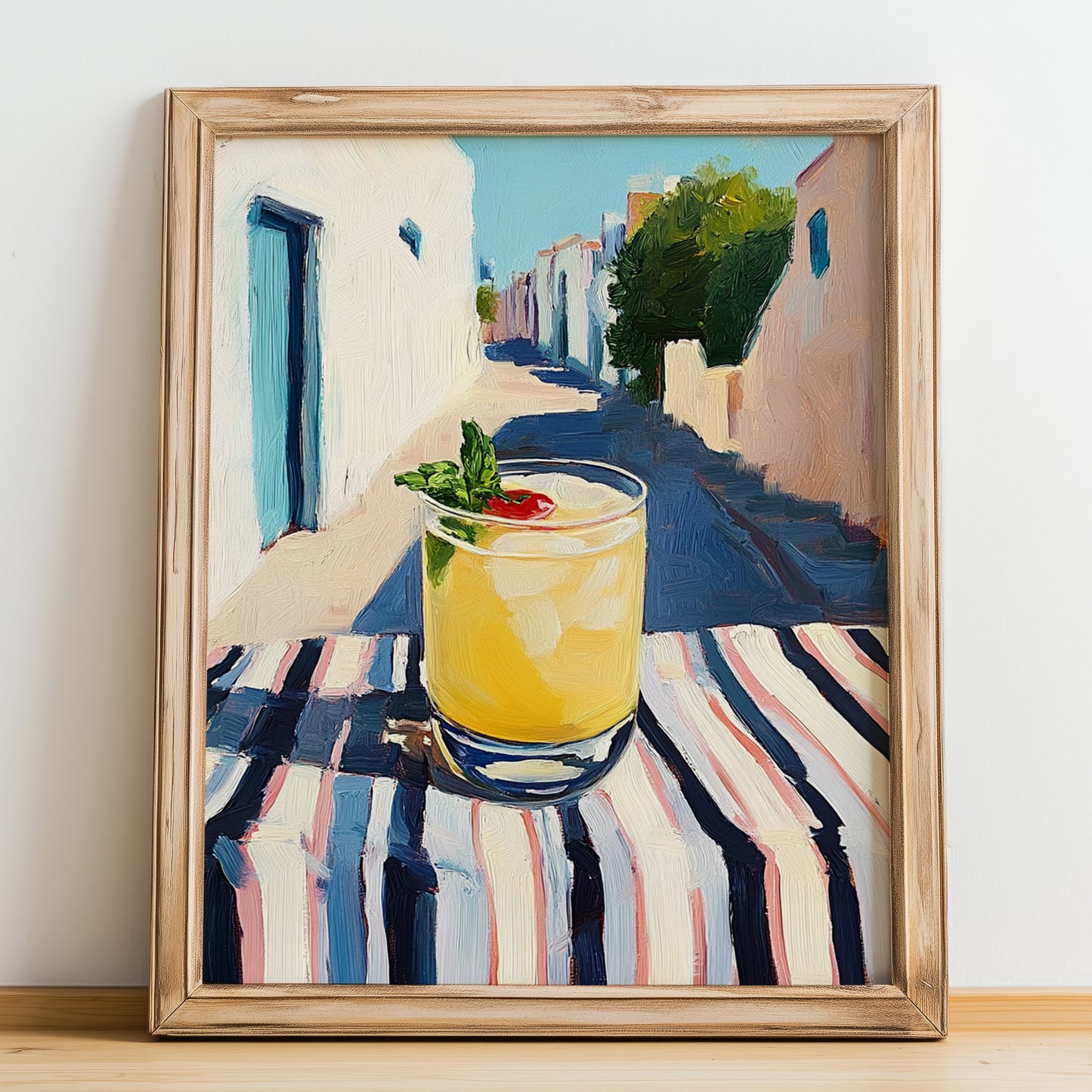 Greek Lemonade – Greek Outdoor Café Scene, Greek Lemonade Wall Poster, no-text version framed in wood