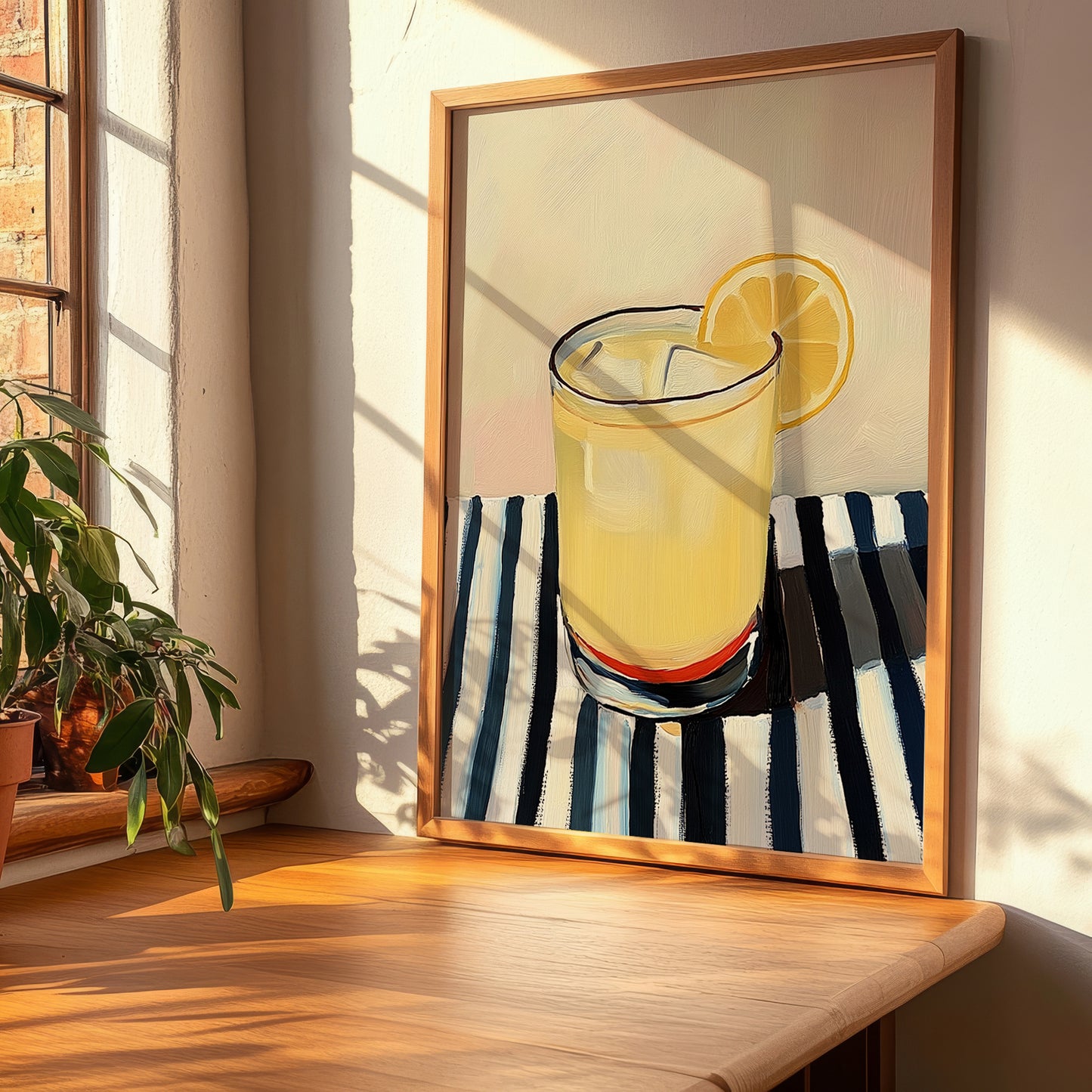 Greek Lemonade – on Striped Tablecloth, Greek Lemonade Still Life, clean layout with no caption