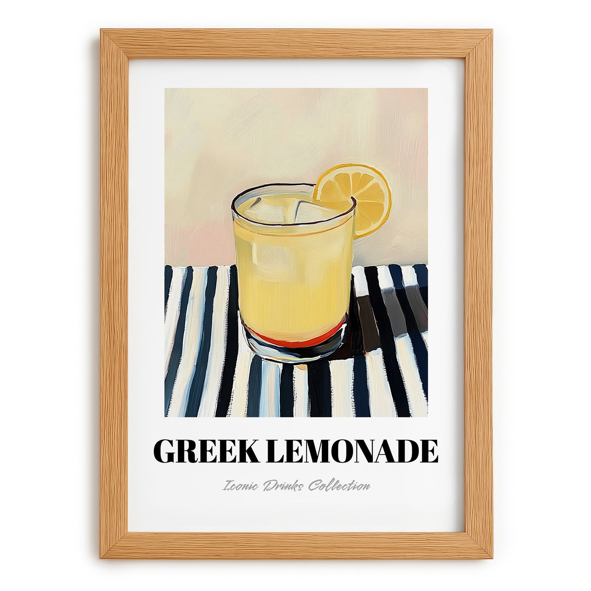 Greek Lemonade – on Striped Tablecloth, Greek Lemonade Still Life, set in oak frame