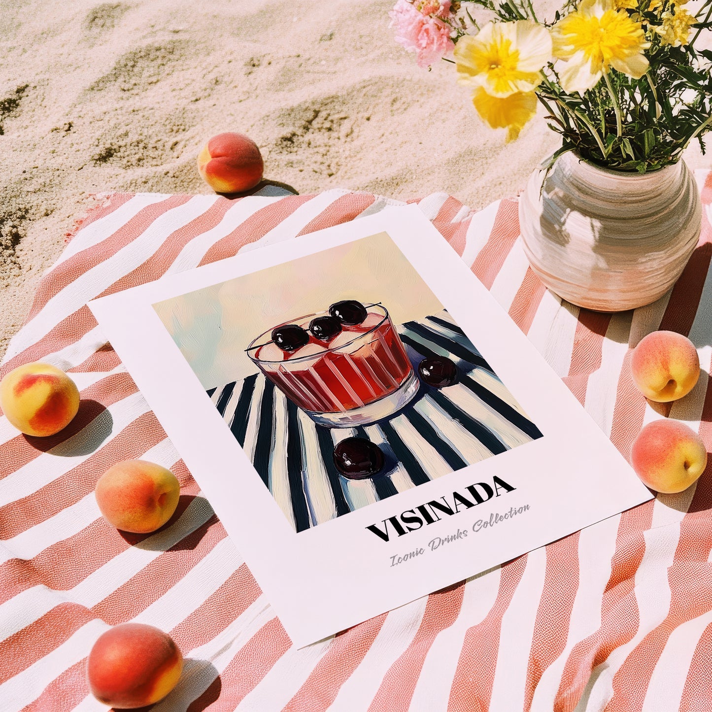 Visinada – on Striped Tablecloth, Greek Beverage Poster, unframed on coastal sand