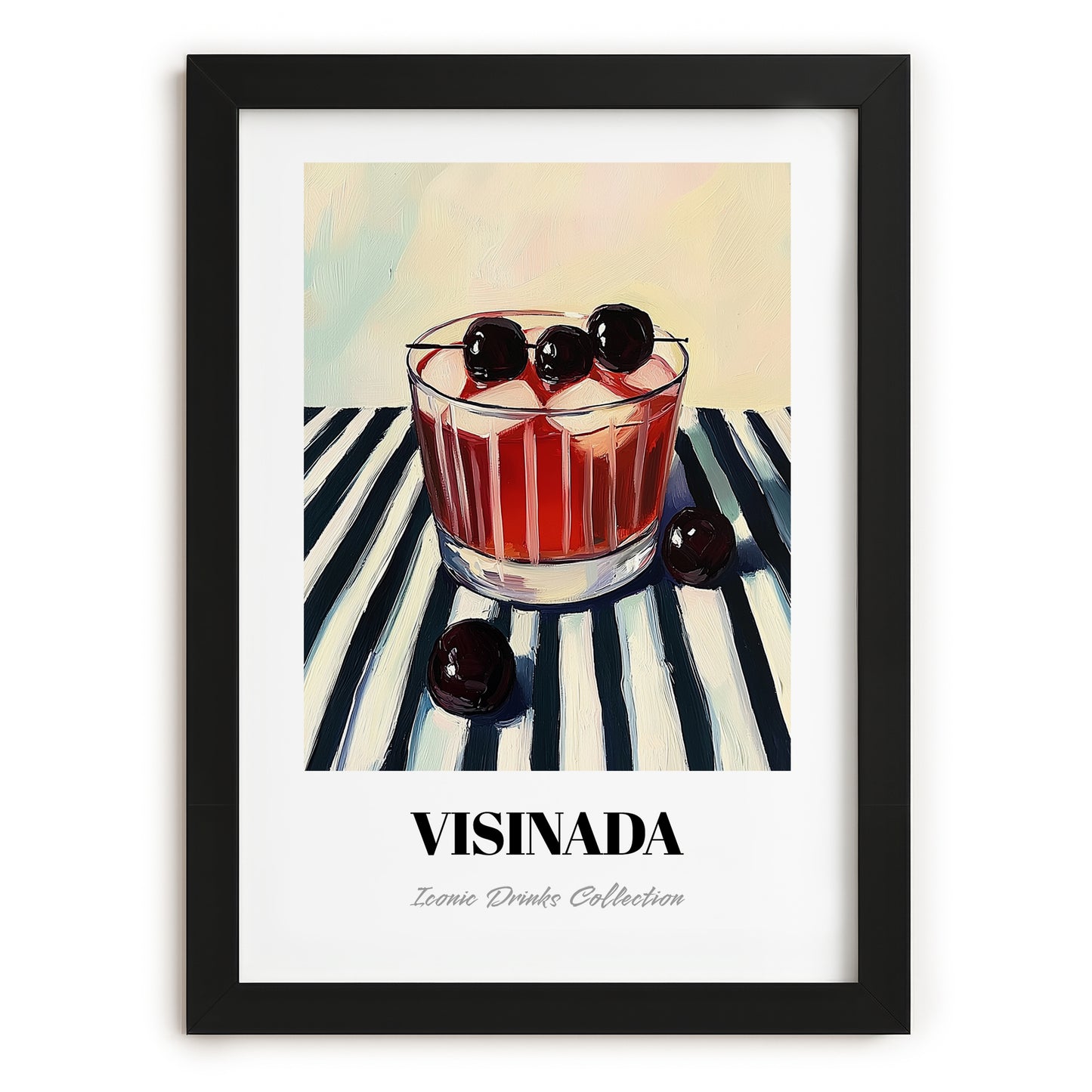 Visinada – on Striped Tablecloth, Greek Beverage Poster, in sleek black frame