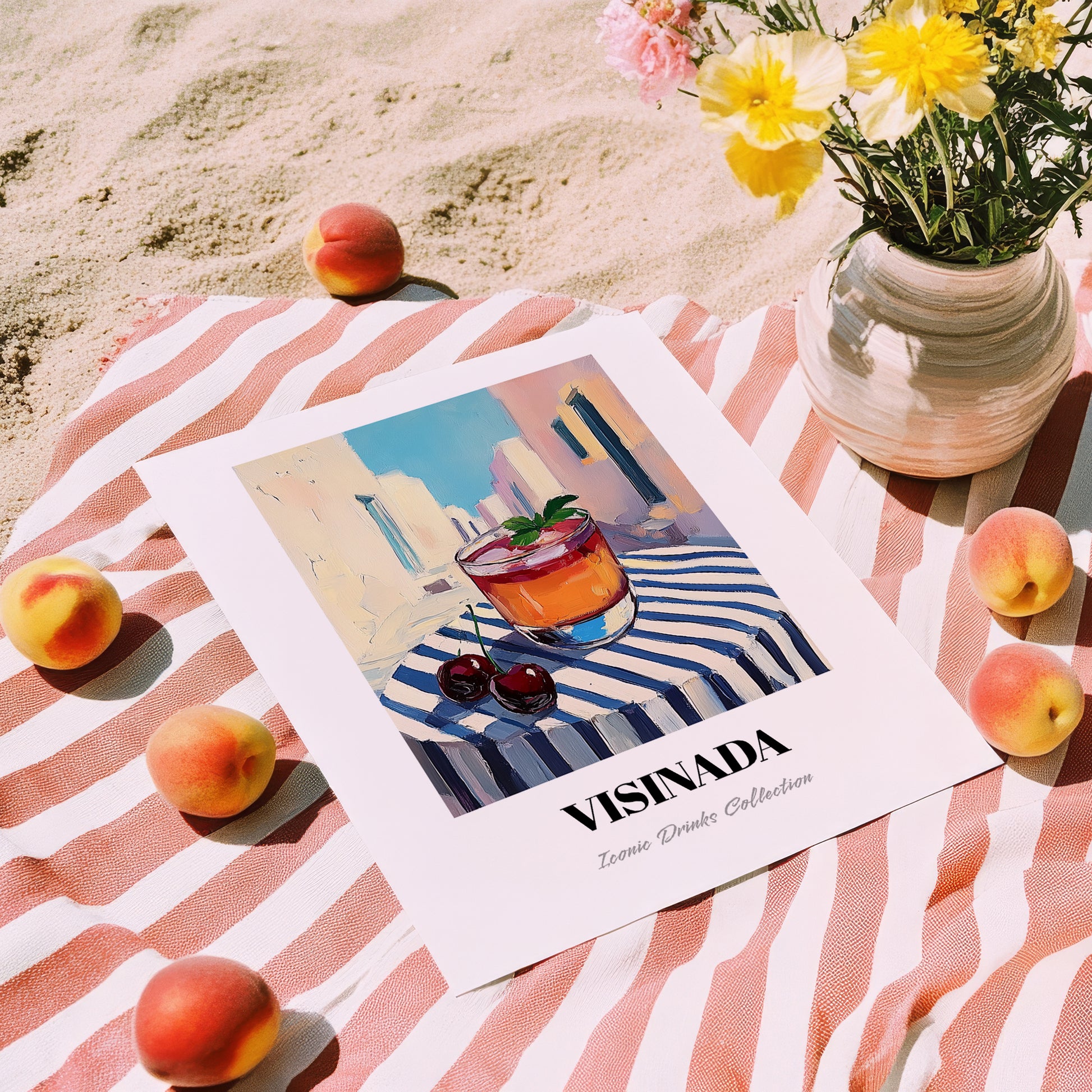 Visinada – Greek Urban Café Scene, Greek Beverage Wall Decor, unframed on coastal sand