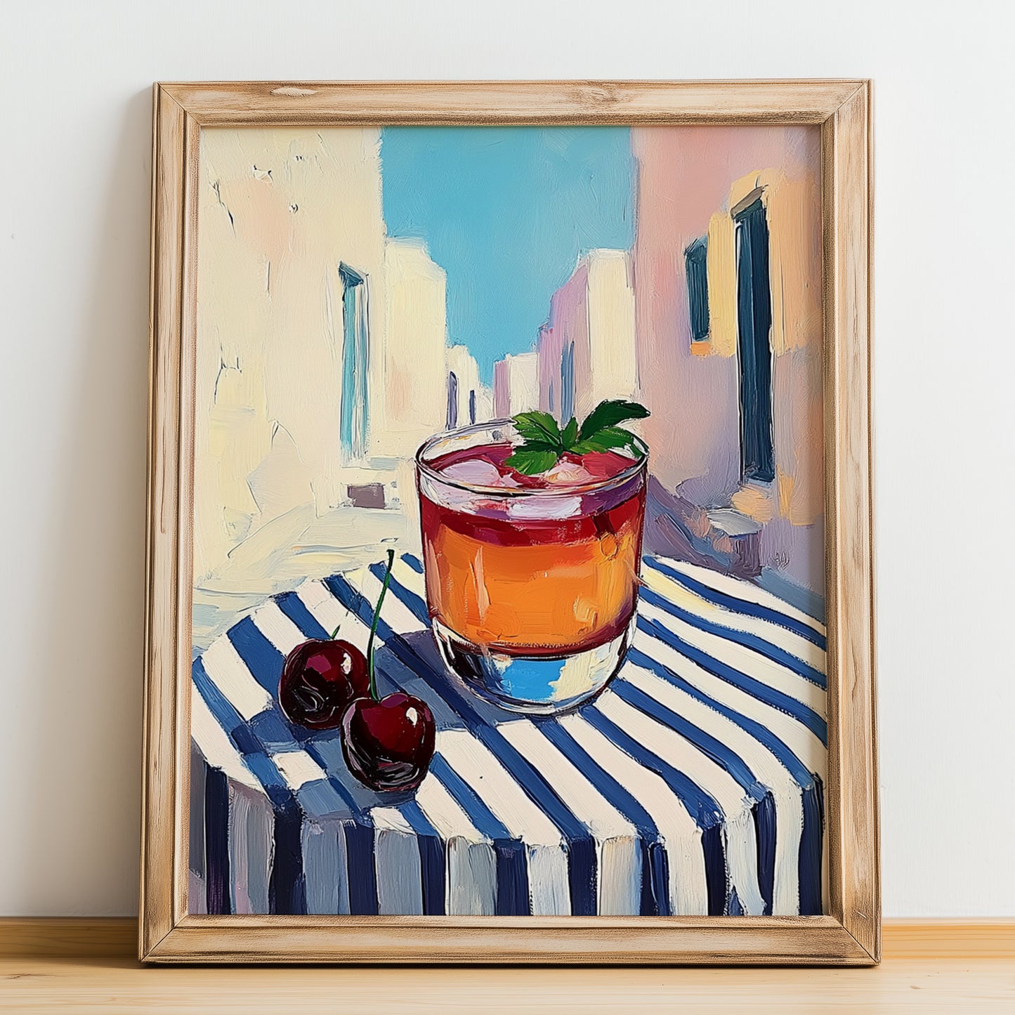 Visinada – Greek Urban Café Scene, Greek Beverage Wall Decor, no-text version framed in wood