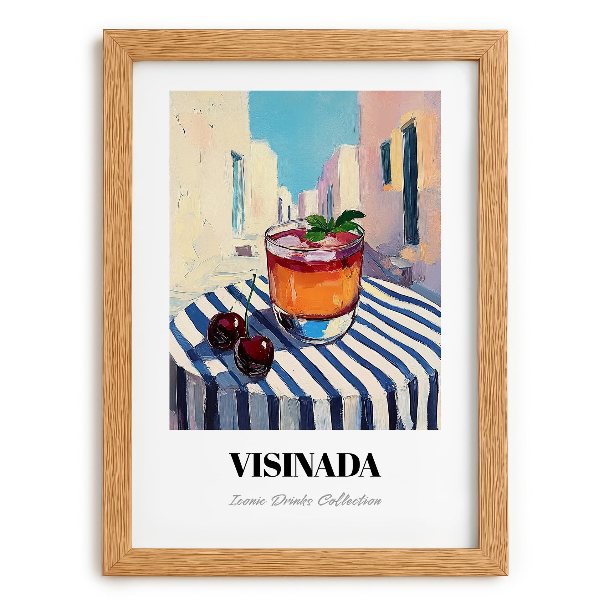 Visinada – Greek Urban Café Scene, Greek Beverage Wall Decor, set in oak frame